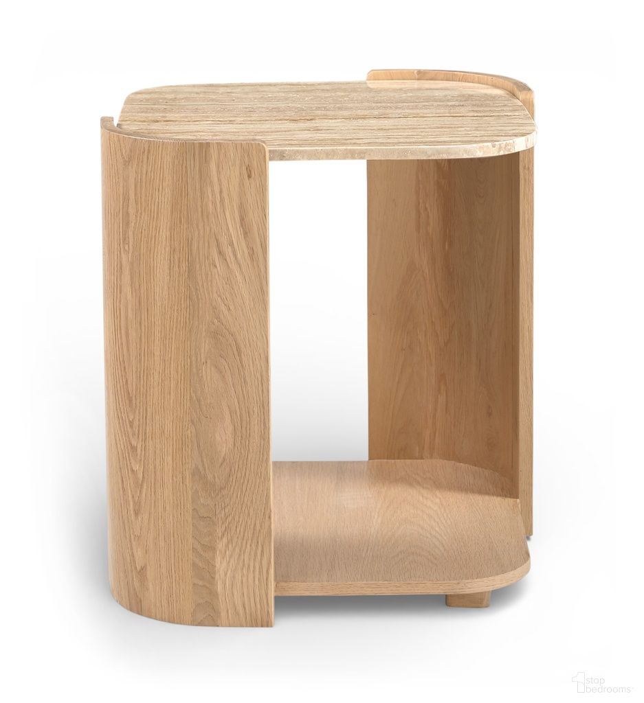 The appearance of Calabria Marble and Oak Wood End Table In Beige and Natural designed by Meridian in the modern / contemporary interior design. This beige/natural piece of furniture  was selected by 1StopBedrooms from Calabria Collection to add a touch of cosiness and style into your home. Sku: 77045Natural-ET. Material: Marble.