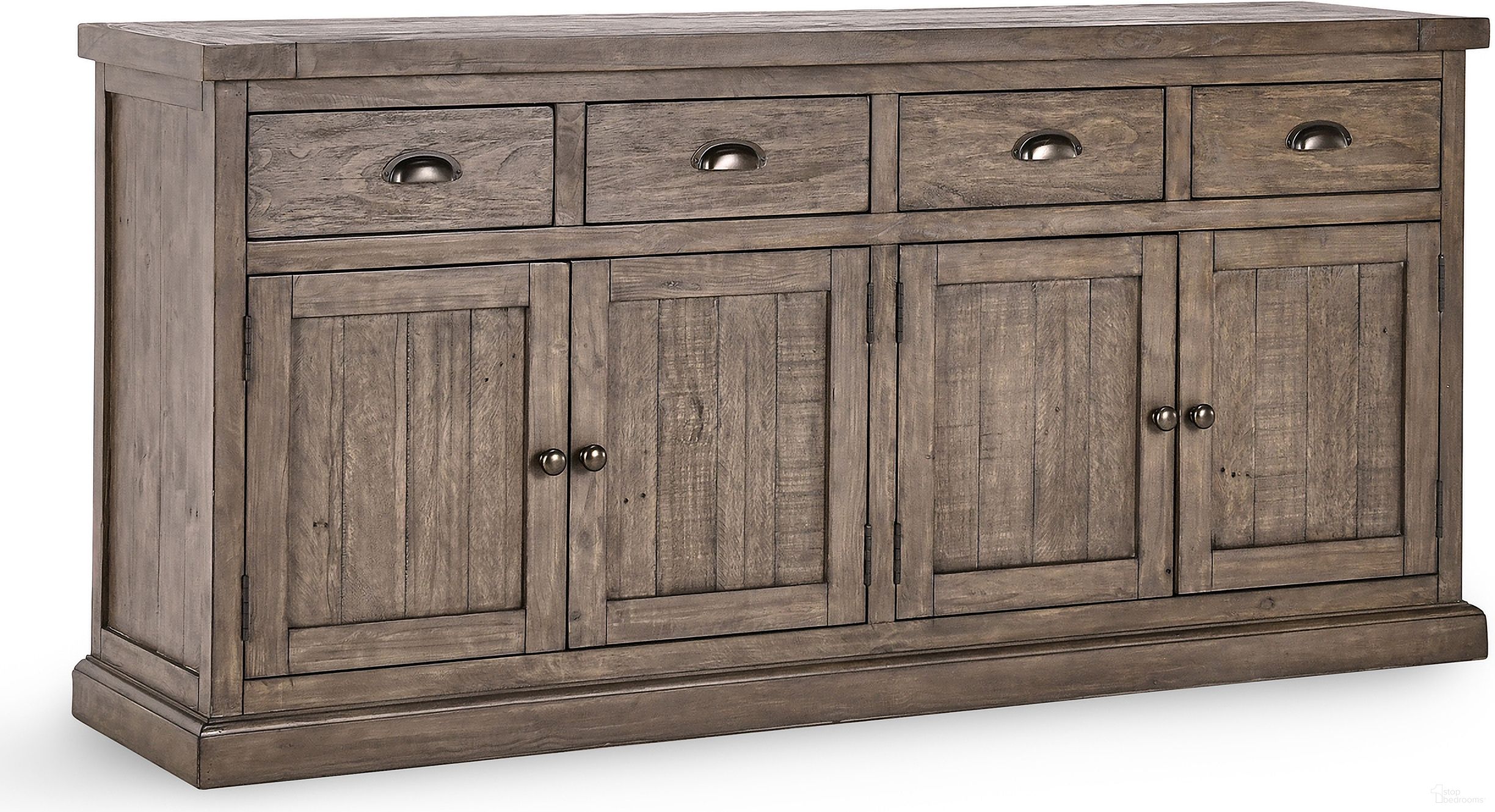 The appearance of Caleb 4 Drawer 4 Door Buffet In Distressed Brown designed by Classic Home in the transitional interior design. This distressed brown piece of furniture was selected by 1StopBedrooms from Caleb Collection to add a touch of cosiness and style into your home. Sku: 52003805. Material: Reclaimed Pine.