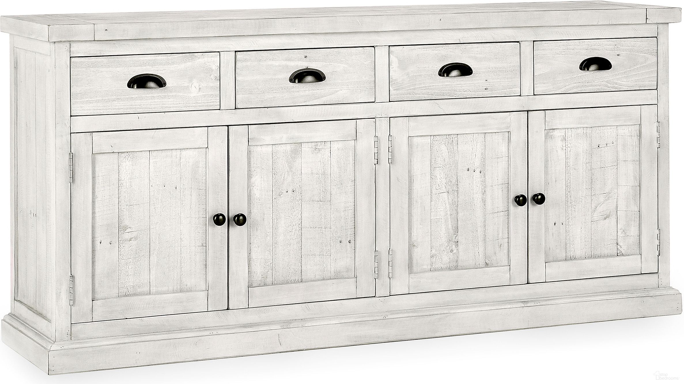 The appearance of Caleb 4 Drwer 4 Door Buffet In Distressed Ivory designed by Classic Home in the transitional interior design. This distressed ivory piece of furniture was selected by 1StopBedrooms from Caleb Collection to add a touch of cosiness and style into your home. Sku: 52003964. Material: Reclaimed Pine.
