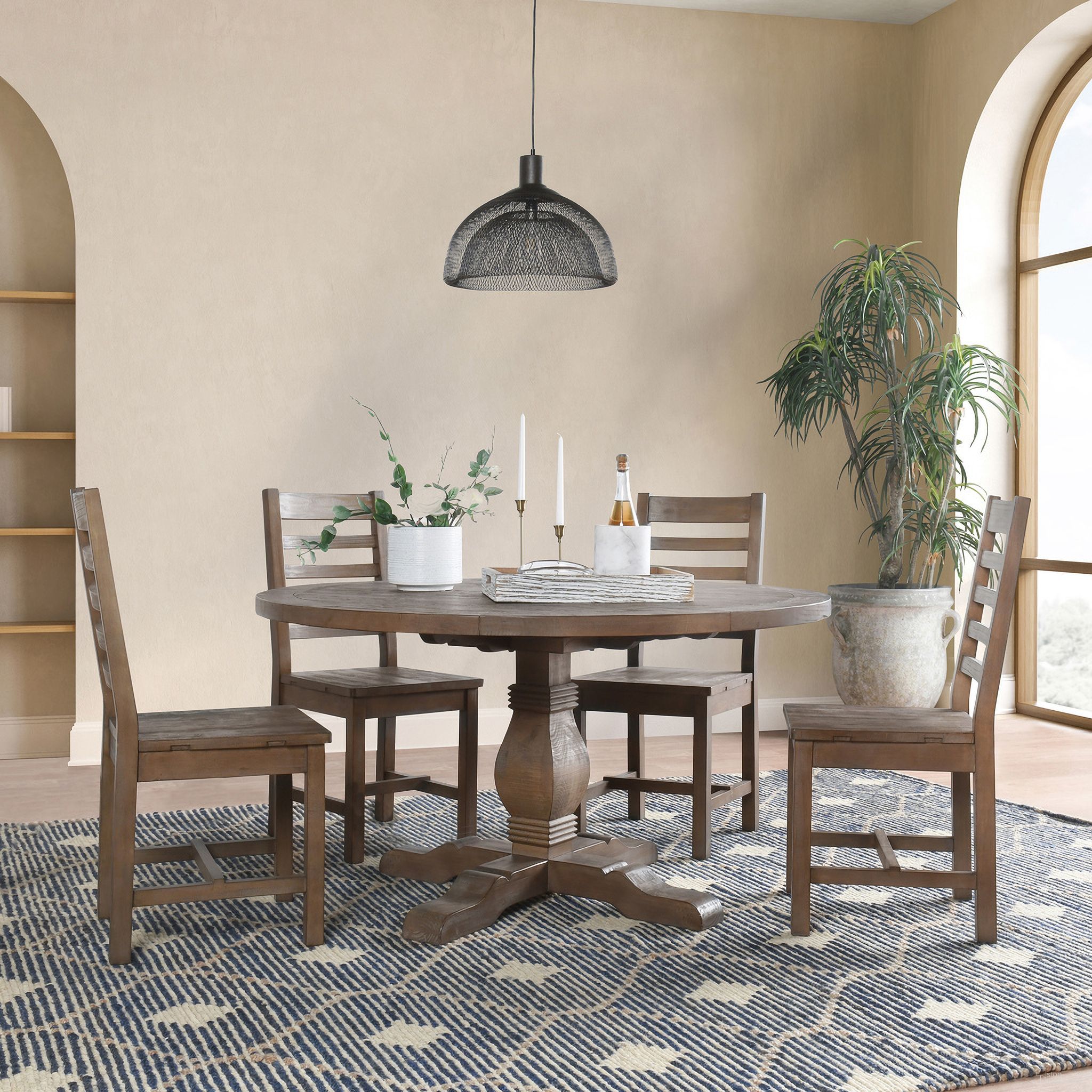 The appearance of Caleb 55 Inch Round Dining Room Set In Distressed Brown designed by Classic Home in the transitional interior design. This distressed brown piece of furniture was selected by 1StopBedrooms from Caleb Collection to add a touch of cosiness and style into your home. Sku: 51030183;53004425;53004425. Table Base Style: Pedestal. Size: 55". Material: Reclaimed Pine.