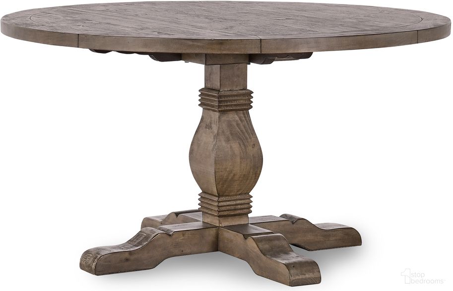The appearance of Caleb 55 Inch Round Dining Table In Distressed Brown designed by Classic Home in the transitional interior design. This distressed brown piece of furniture was selected by 1StopBedrooms from Caleb Collection to add a touch of cosiness and style into your home. Sku: 51030183. Table Base Style: Pedestal. Table Top Shape: Round. Size: 55". Material: Reclaimed Pine.