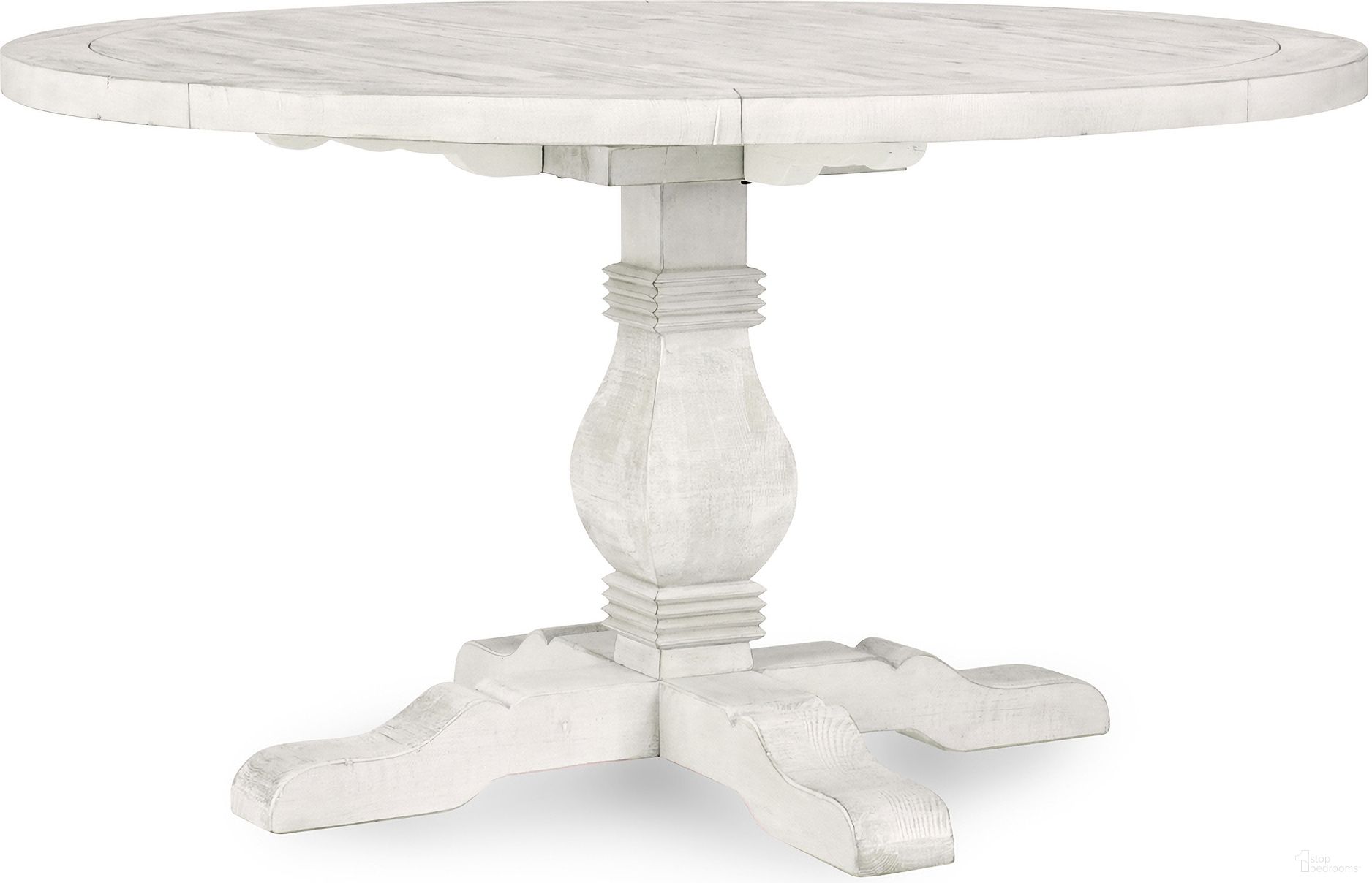The appearance of Caleb 55 Inch Round Dining Table In Distressed Ivory designed by Classic Home in the transitional interior design. This distressed ivory piece of furniture was selected by 1StopBedrooms from Caleb Collection to add a touch of cosiness and style into your home. Sku: 51031088. Table Base Style: Pedestal. Table Top Shape: Round. Size: 55". Material: Reclaimed Pine.