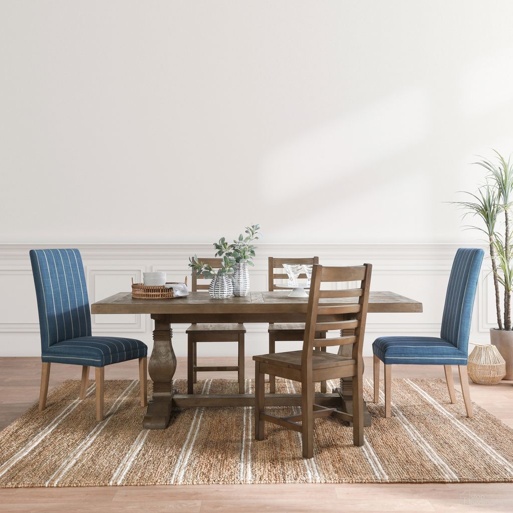 The appearance of Caleb 94 Inch Dining Room Set In Distressed Brown designed by Classic Home in the transitional interior design. This distressed brown piece of furniture  was selected by 1StopBedrooms from Caleb Collection to add a touch of cosiness and style into your home. Sku: 51030182;53004425;53004425. Table Base Style: Trestle. Size: 39" x 95". Material: Reclaimed Pine.