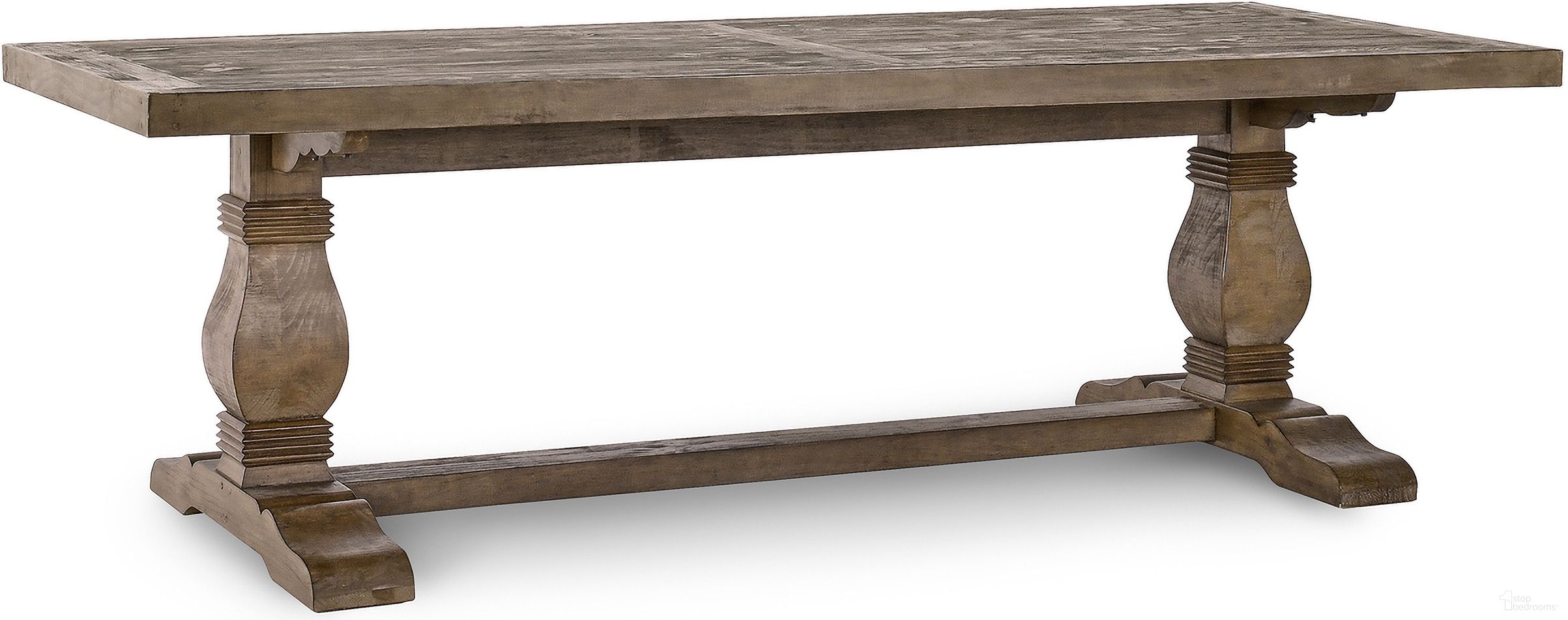 The appearance of Caleb 94 Inch Dining Table In Distressed Brown designed by Classic Home in the transitional interior design. This distressed brown piece of furniture was selected by 1StopBedrooms from Caleb Collection to add a touch of cosiness and style into your home. Sku: 51030182. Table Base Style: Trestle. Table Top Shape: Rectangular. Size: 39" x 95". Material: Reclaimed Pine.
