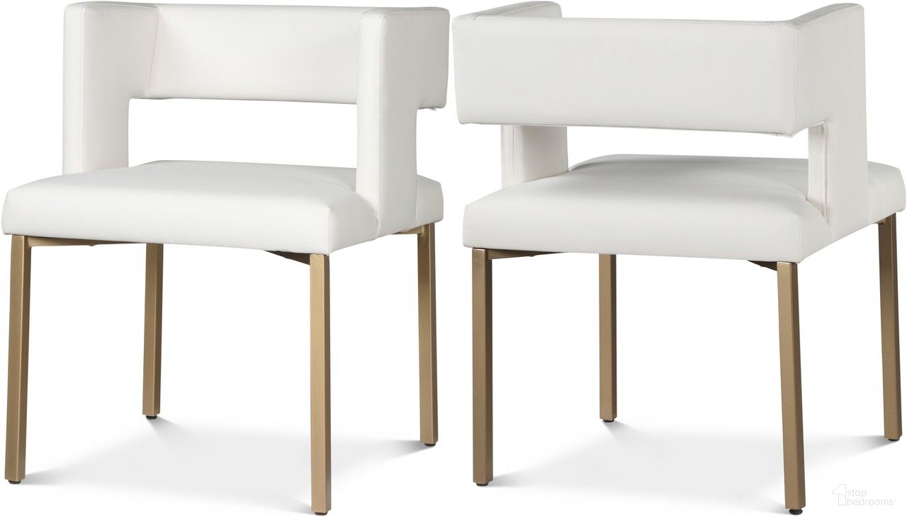 The appearance of Caleb Vegan Leather Dining Chair Set of 2 In White/Brushed Gold designed by Meridian in the modern / contemporary interior design. This white piece of furniture was selected by 1StopBedrooms from Caleb Collection to add a touch of cosiness and style into your home. Sku: 967White-C. Material: Wood. Chair Type: Side Chair.