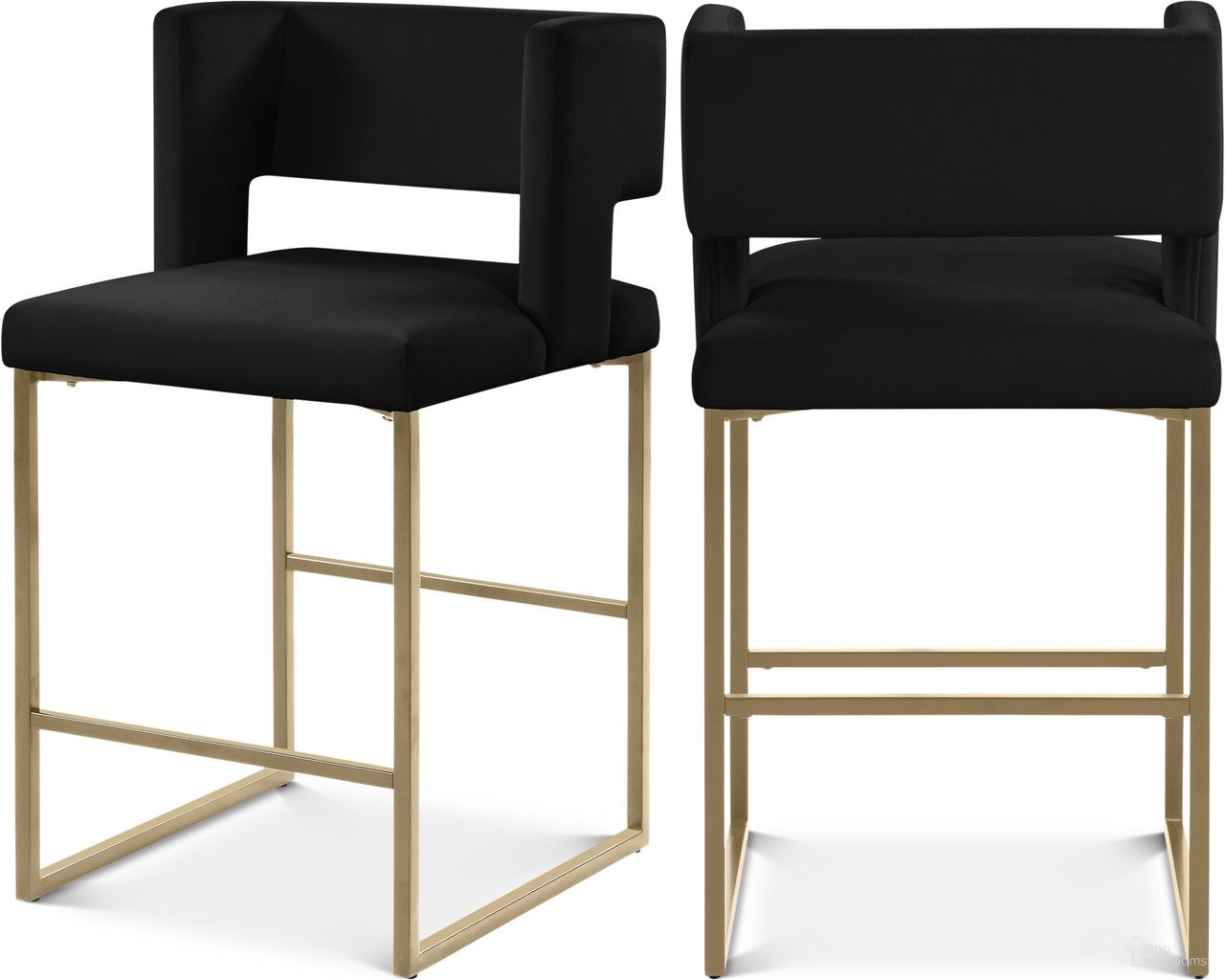 The appearance of Caleb Velvet Counter Stool Set of 2 In Black/Brushed Gold designed by Meridian in the modern / contemporary interior design. This black piece of furniture  was selected by 1StopBedrooms from Caleb Collection to add a touch of cosiness and style into your home. Sku: 969Black-C. Material: Velvet.