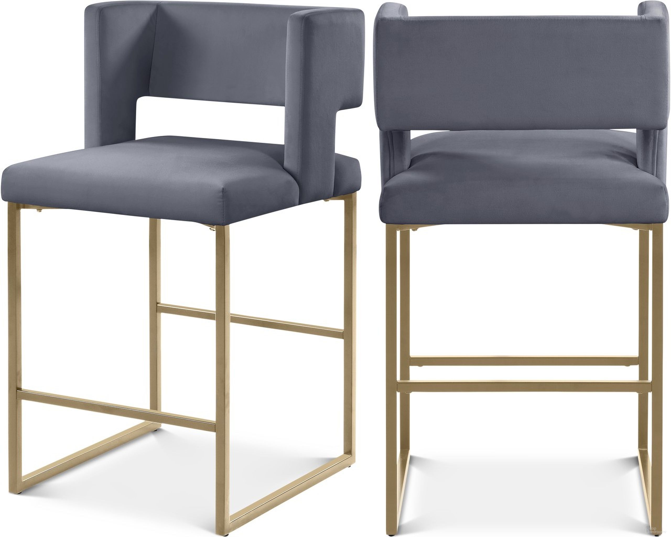 The appearance of Caleb Velvet Counter Stool Set of 2 In Grey/Brushed Gold designed by Meridian in the modern / contemporary interior design. This grey piece of furniture was selected by 1StopBedrooms from Caleb Collection to add a touch of cosiness and style into your home. Sku: 969Grey-C. Material: Velvet.