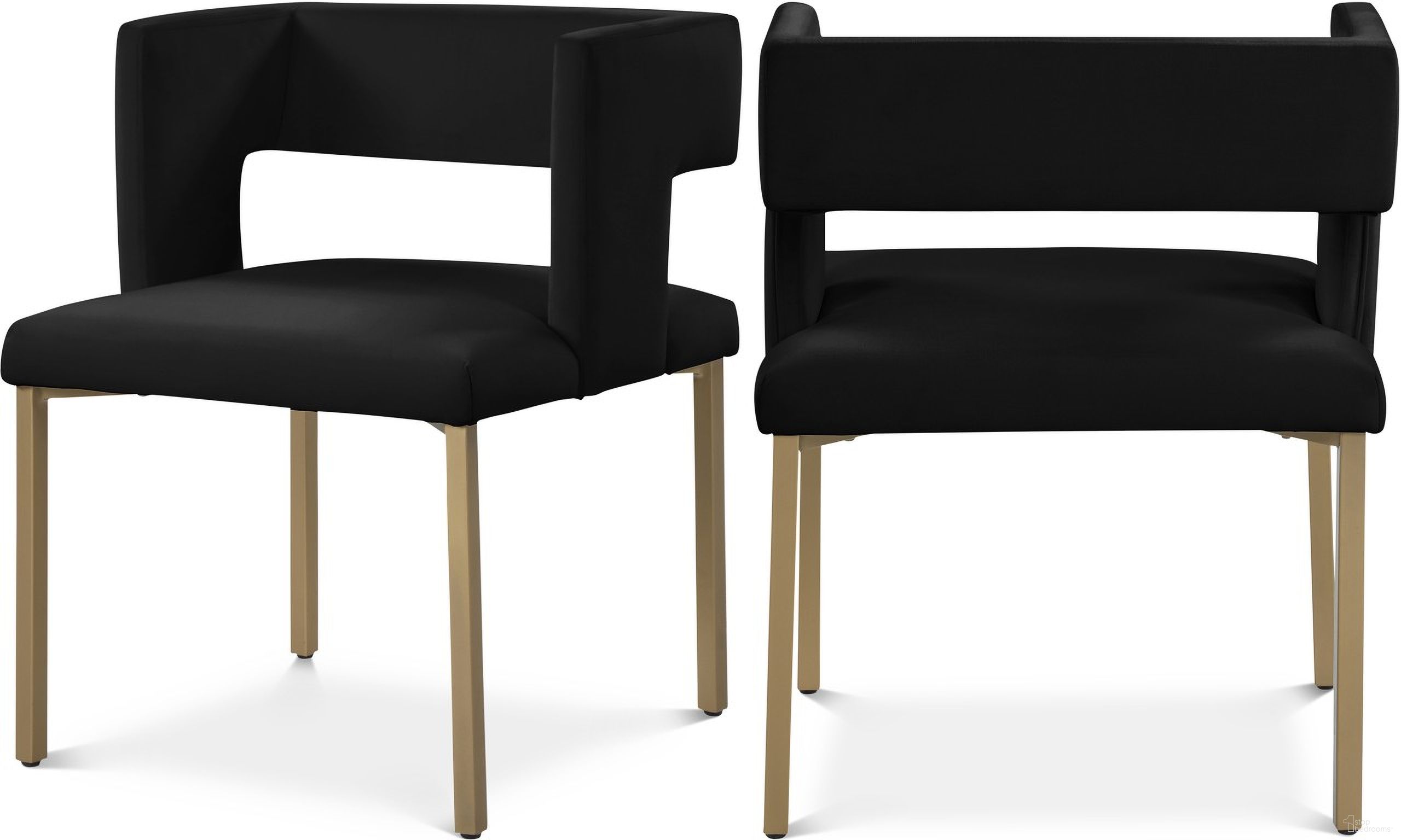 The appearance of Caleb Velvet Dining Chair Set of 2 In Black/Brushed Gold designed by Meridian in the modern / contemporary interior design. This black piece of furniture  was selected by 1StopBedrooms from Caleb Collection to add a touch of cosiness and style into your home. Sku: 967Black-C. Material: Velvet. Chair Type: Side Chair.