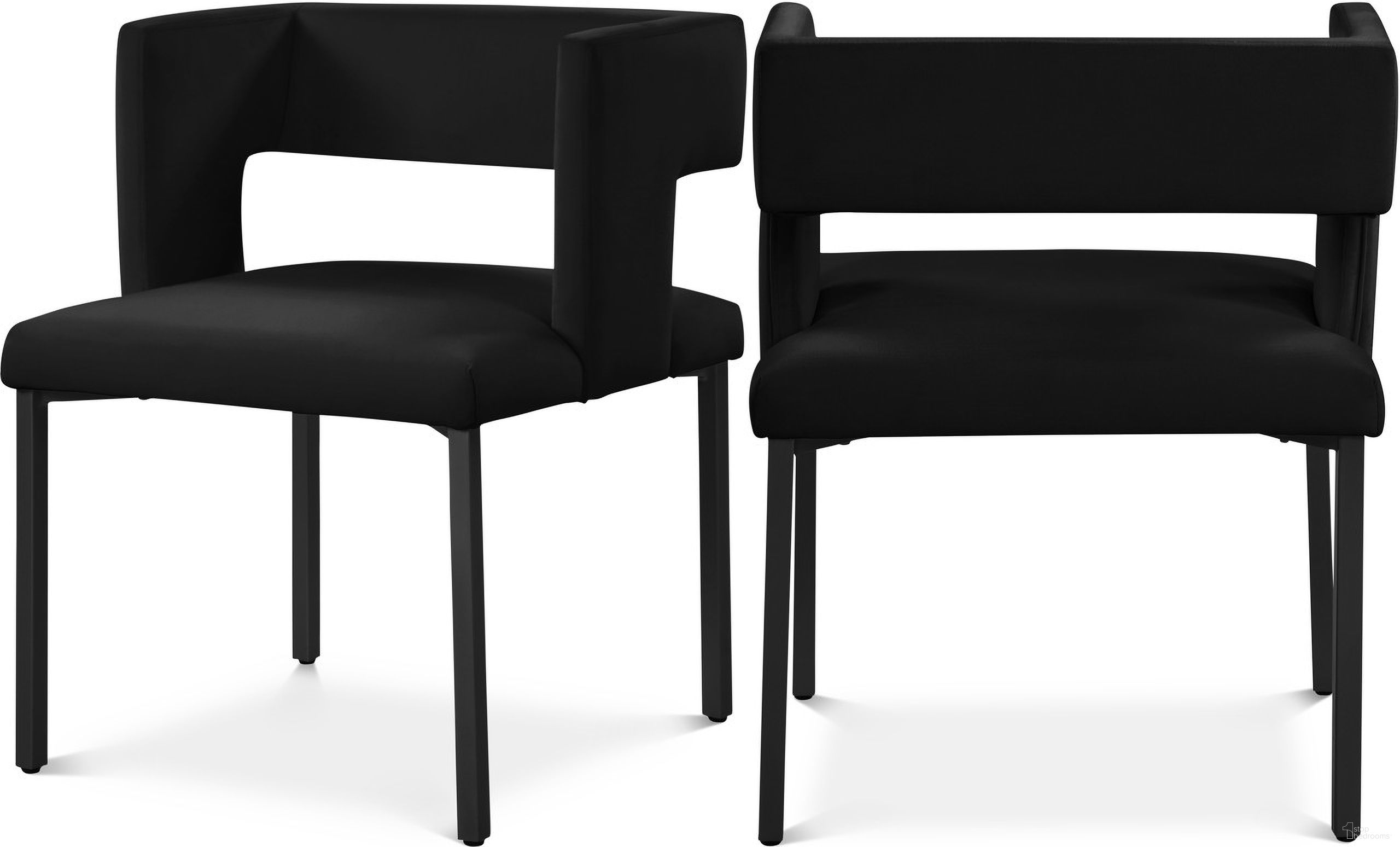 The appearance of Caleb Velvet Dining Chair Set of 2 In Black/Matte Black designed by Meridian in the modern / contemporary interior design. This black piece of furniture  was selected by 1StopBedrooms from Caleb Collection to add a touch of cosiness and style into your home. Sku: 968Black-C. Material: Velvet. Chair Type: Side Chair.