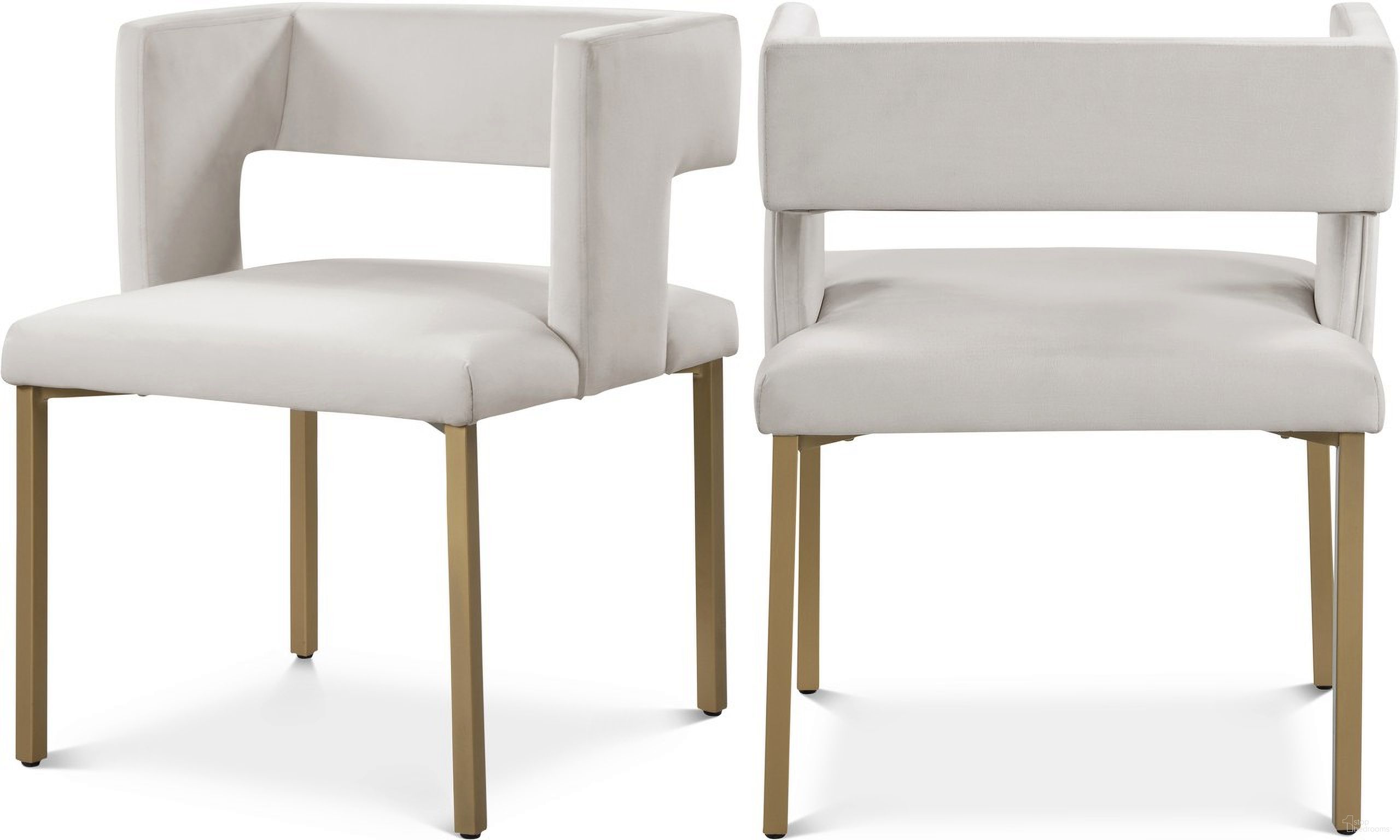 The appearance of Caleb Velvet Dining Chair Set of 2 In Cream/Brushed Gold designed by Meridian in the modern / contemporary interior design. This cream velvet piece of furniture  was selected by 1StopBedrooms from Caleb Collection to add a touch of cosiness and style into your home. Sku: 967Cream-C. Material: Velvet. Chair Type: Side Chair.