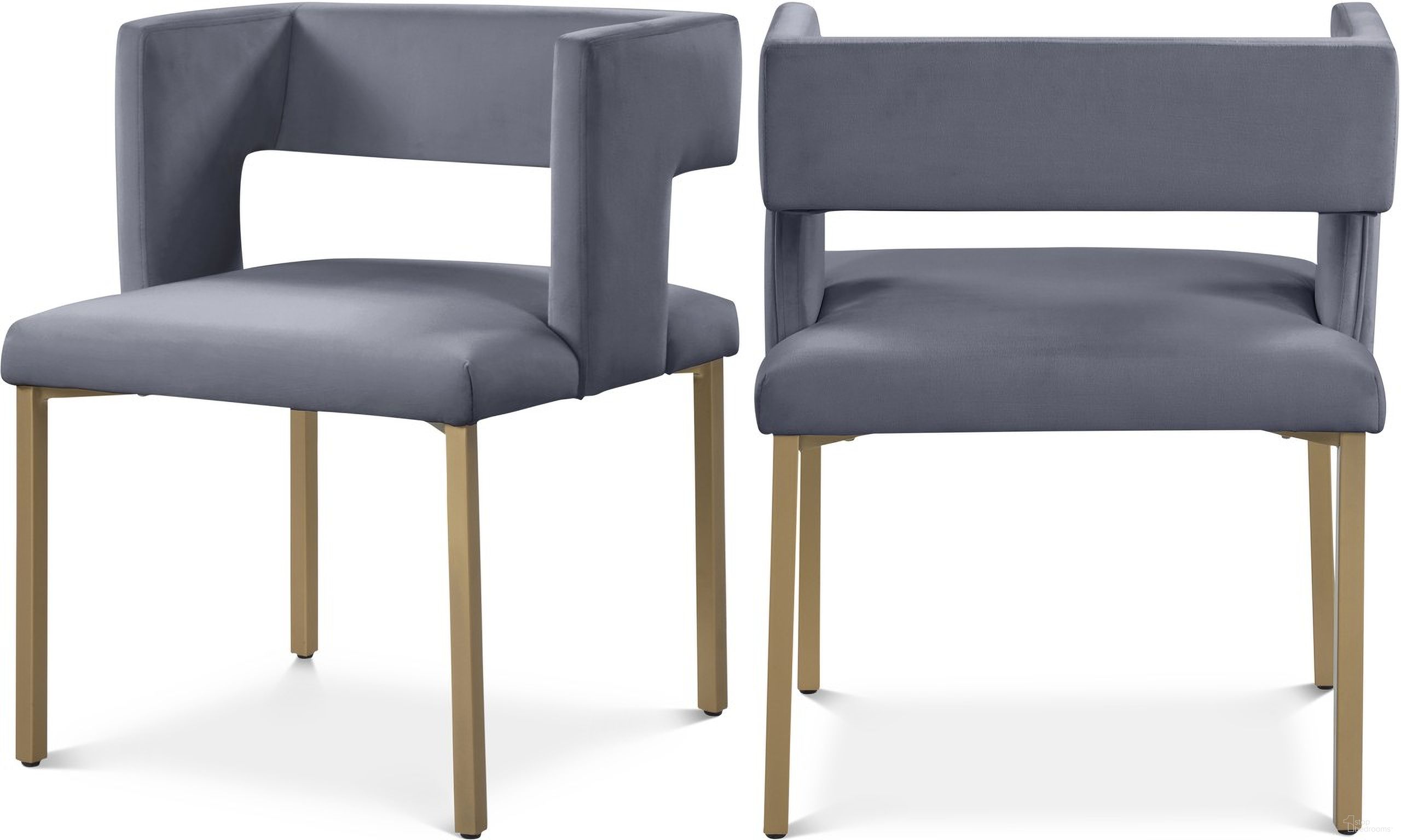 The appearance of Caleb Velvet Dining Chair Set of 2 In Grey/Brushed Gold designed by Meridian in the modern / contemporary interior design. This grey piece of furniture was selected by 1StopBedrooms from Caleb Collection to add a touch of cosiness and style into your home. Sku: 967Grey-C. Material: Velvet. Chair Type: Side Chair.