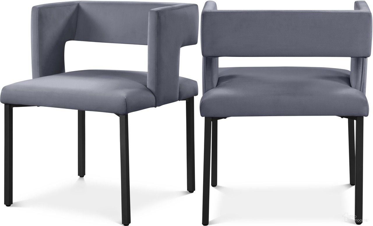 The appearance of Caleb Velvet Dining Chair Set of 2 In Grey/Matte Black designed by Meridian in the modern / contemporary interior design. This grey piece of furniture was selected by 1StopBedrooms from Caleb Collection to add a touch of cosiness and style into your home. Sku: 968Grey-C. Material: Velvet. Chair Type: Side Chair.