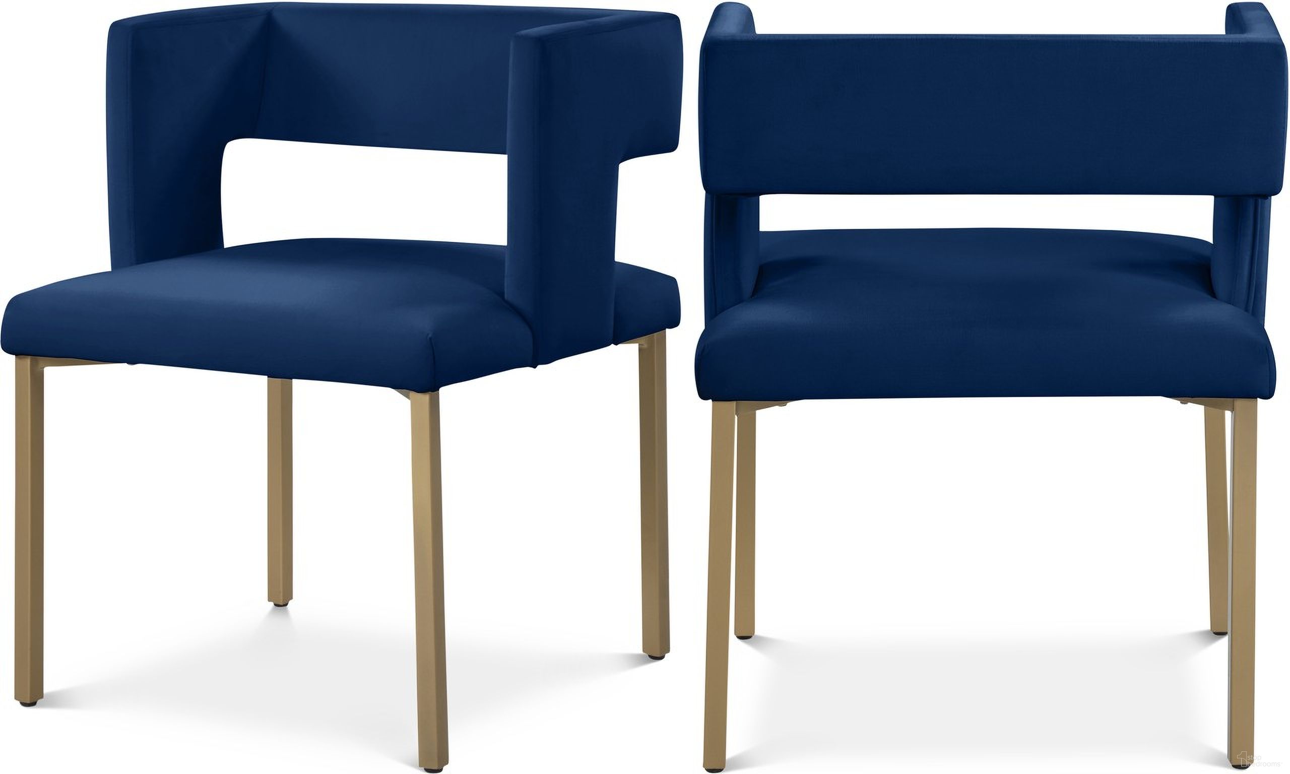 The appearance of Caleb Velvet Dining Chair Set of 2 In Navy designed by Meridian in the modern / contemporary interior design. This navy piece of furniture was selected by 1StopBedrooms from Caleb Collection to add a touch of cosiness and style into your home. Sku: 967Navy-C. Material: Velvet. Chair Type: Side Chair.
