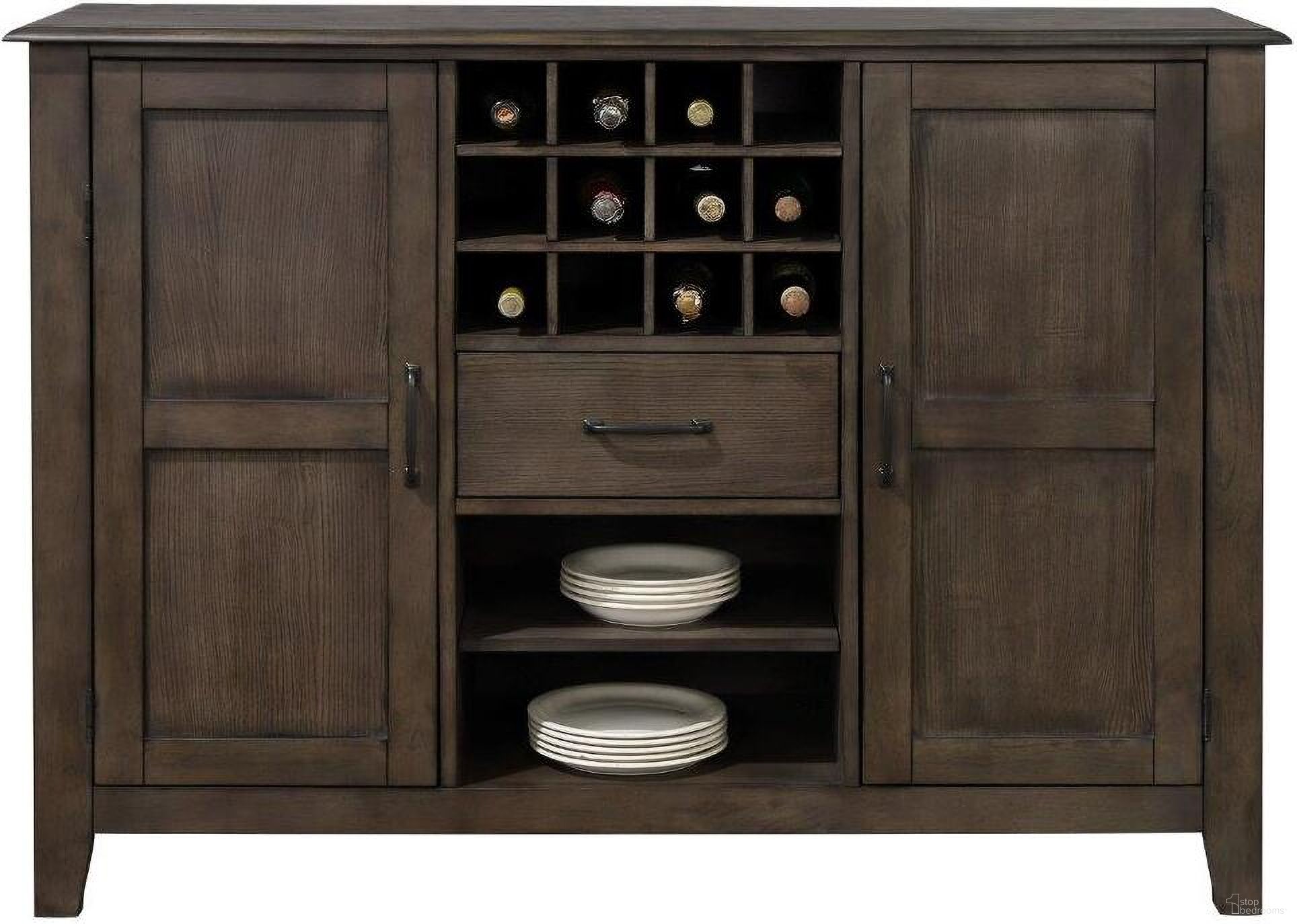 The appearance of Cali Wine Storage Server designed by Sunset Trading in the traditional interior design. This brown and gray piece of furniture was selected by 1StopBedrooms from Cali Collection to add a touch of cosiness and style into your home. Sku: DLU-CA113-SR. Material: Wood.