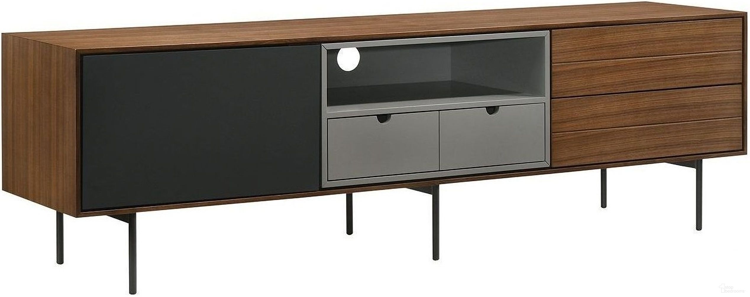 The appearance of Calico Dark Light Gray And Walnut And Black TV Stand designed by Casabianca Home in the transitional interior design. This black and brown piece of furniture was selected by 1StopBedrooms from Calico Collection to add a touch of cosiness and style into your home. Sku: CB-662. Material: Iron.