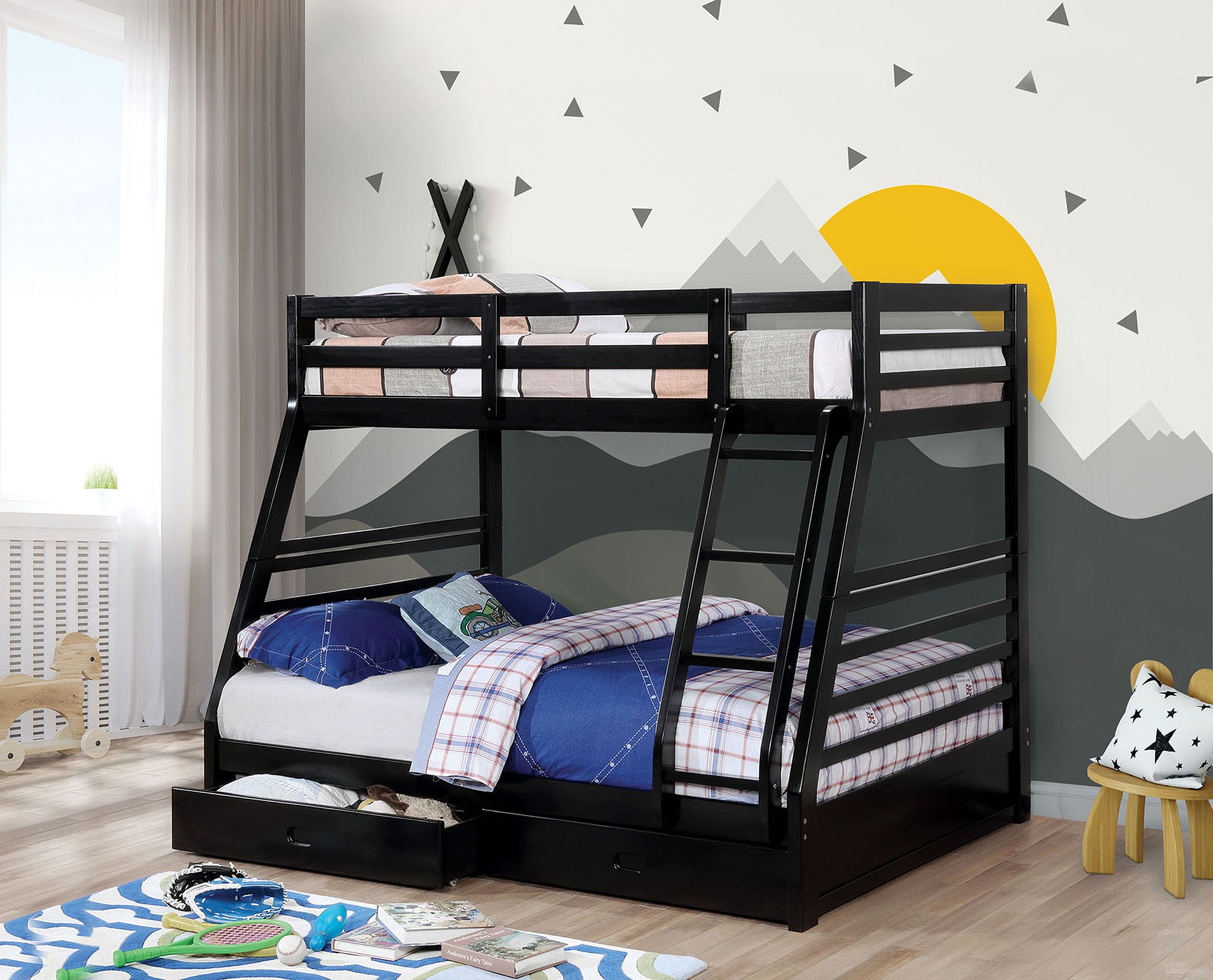 The appearance of California Twin Over Full Bunk Bed In Black designed by Furniture of America in the transitional interior design. This black piece of furniture was selected by 1StopBedrooms from California Collection to add a touch of cosiness and style into your home. Sku: CM-BK588BK-1;CM-BK588BK-2. Bed Type: Bunk Bed. Material: Wood. Bed Size: Twin Over Full.