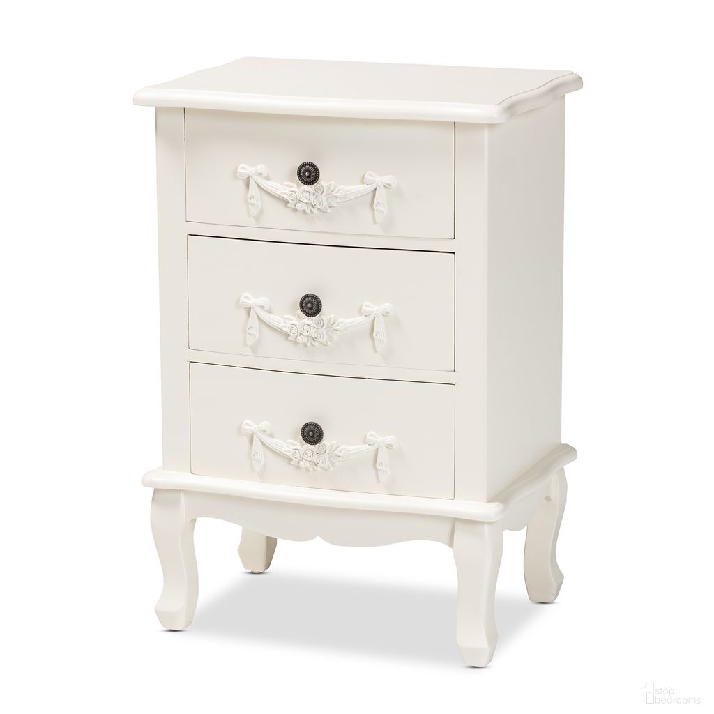 The appearance of Callen Wood 3 Drawer End Table In White designed by Baxton Studio in the traditional interior design. This white piece of furniture  was selected by 1StopBedrooms from Callen Collection to add a touch of cosiness and style into your home. Sku: JY18B018-White-3DW-ET. Material: MDF.