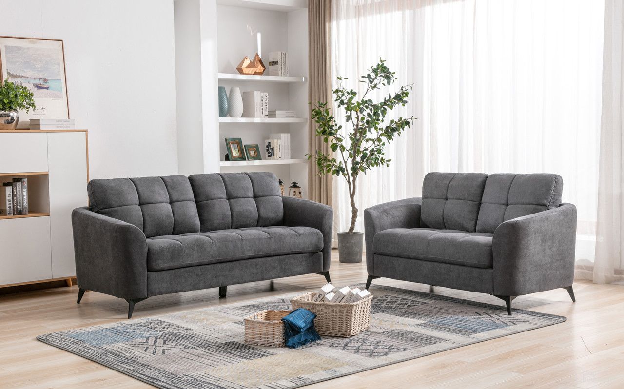 Callie Gray Velvet Fabric Sofa Loveseat Living Room Set