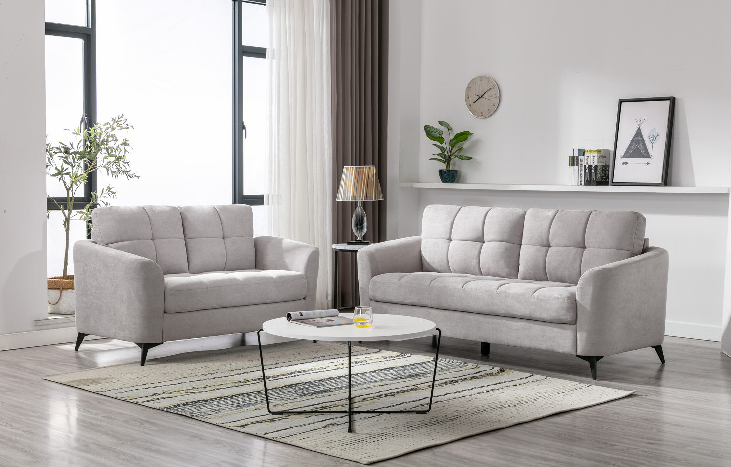 Living Room Interior With With Gray Fabric Sofa Comfy Pillows