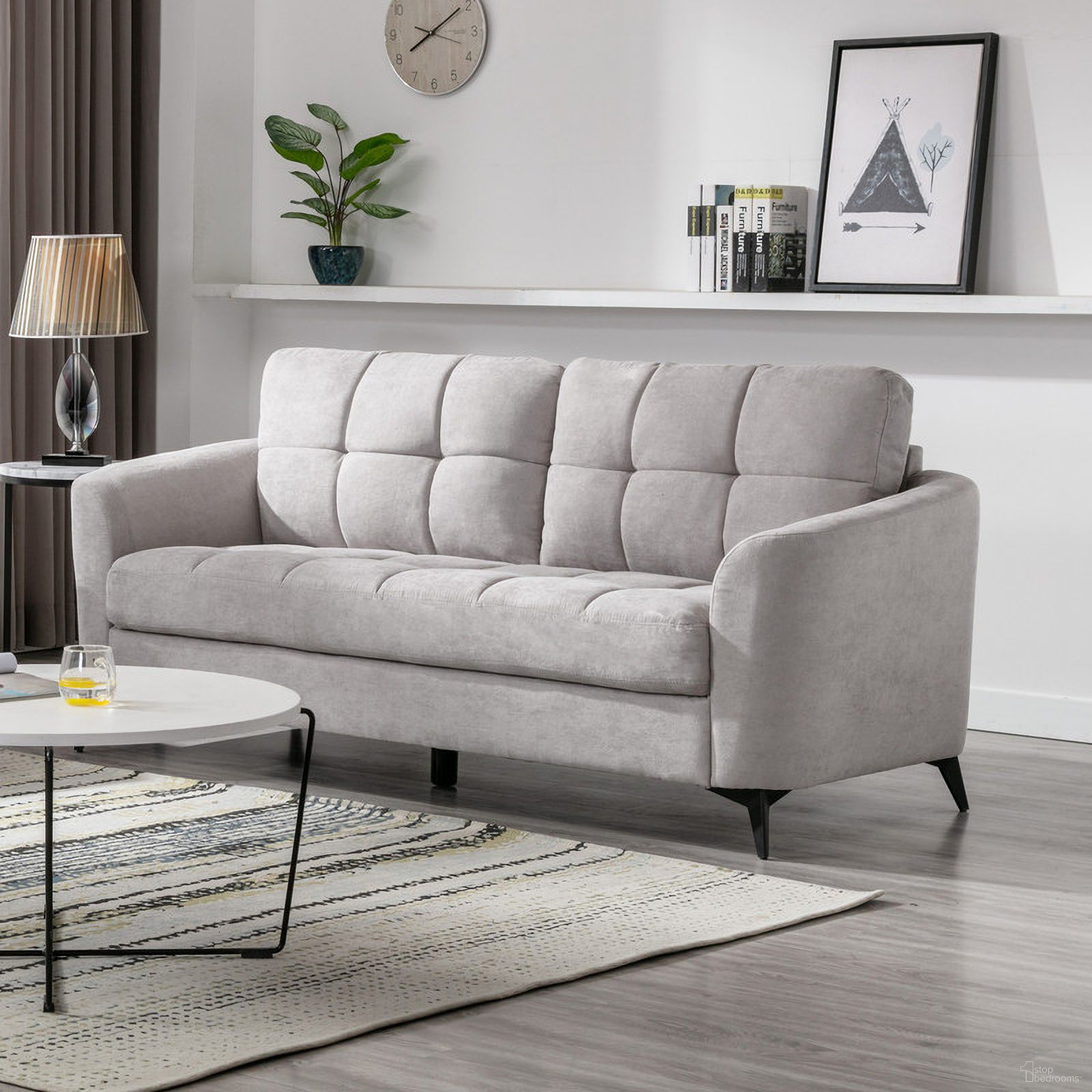 The appearance of Callie Light Gray Velvet Fabric Sofa designed by Lilola Home in the modern / contemporary interior design. This light gray piece of furniture was selected by 1StopBedrooms from Callie Collection to add a touch of cosiness and style into your home. Sku: 89727LG-S1;89727LG-S2. Material: Velvet.