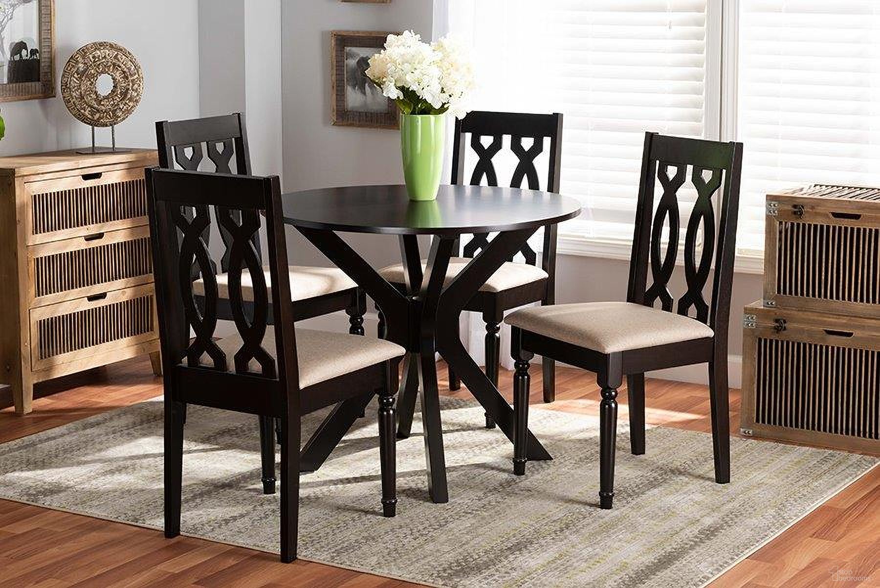Callie Modern and Contemporary Sand Fabric Upholstered and Dark Brown Finished Wood 5-Piece Dining Set