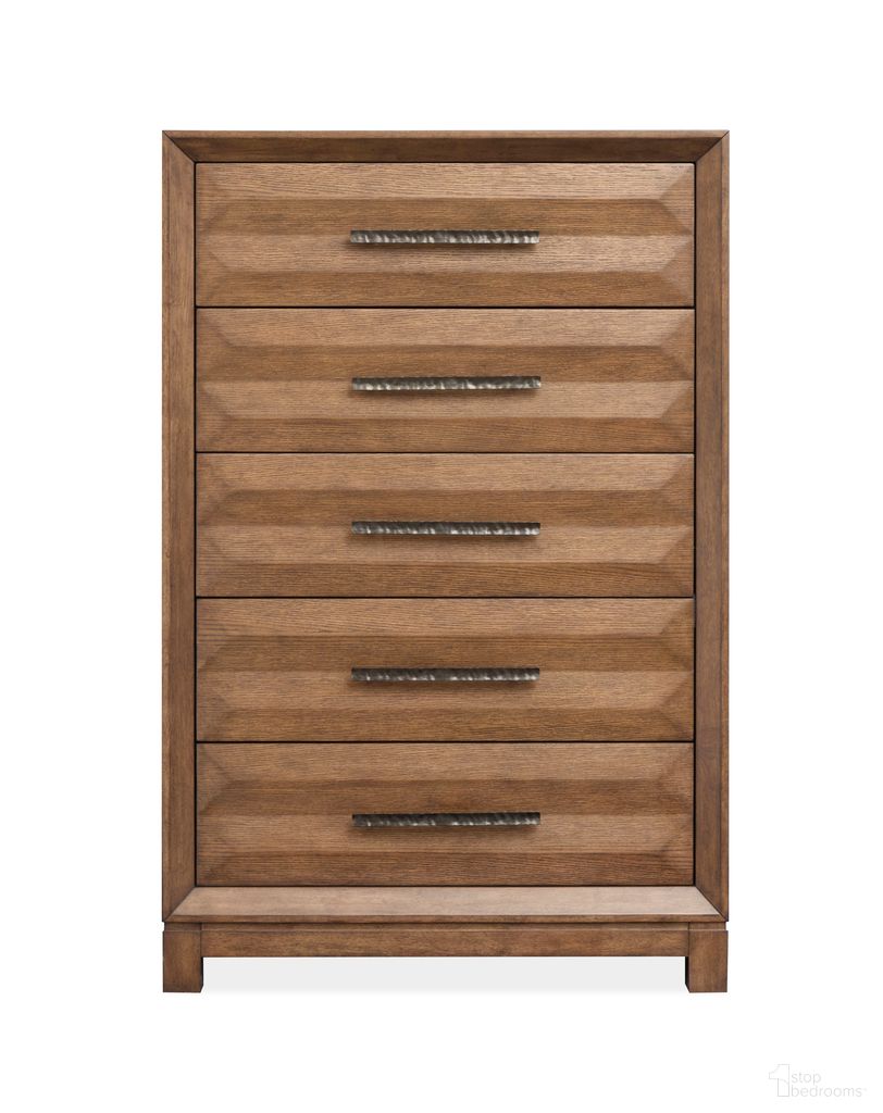 The appearance of Callisto Drawer Chest In Bourbon Brown designed by Magnussen in the transitional interior design. This bourbon brown piece of furniture  was selected by 1StopBedrooms from Callisto Collection to add a touch of cosiness and style into your home. Sku: B6396-10. Material: Oak Veneer.