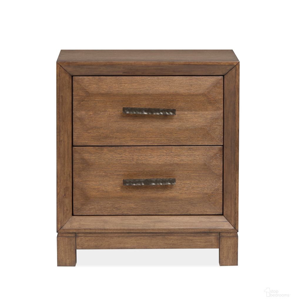 The appearance of Callisto Drawer Nightstand In Bourbon Brown designed by Magnussen in the transitional interior design. This bourbon brown piece of furniture  was selected by 1StopBedrooms from Callisto Collection to add a touch of cosiness and style into your home. Sku: B6396-01. Material: Oak Veneer.