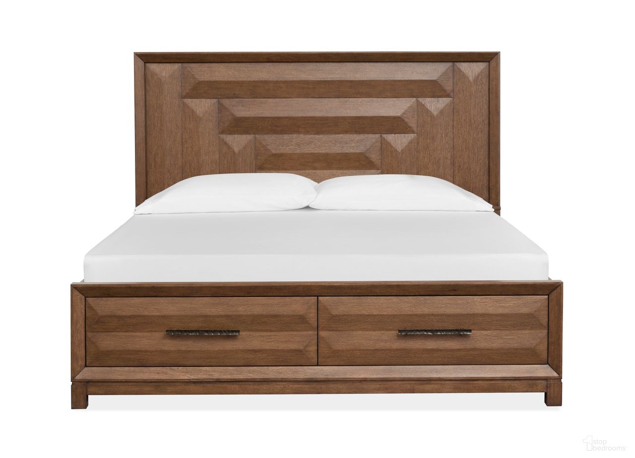 The appearance of Callisto Queen Panel Storage Bed In Bourbon Brown designed by Magnussen in the transitional interior design. This bourbon brown piece of furniture was selected by 1StopBedrooms from Callisto Collection to add a touch of cosiness and style into your home. Sku: B6396-54H;B6396-54SF;B6396-55R. Bed Type: Panel Bed. Bed Size: Queen. Material: Oak Veneer.