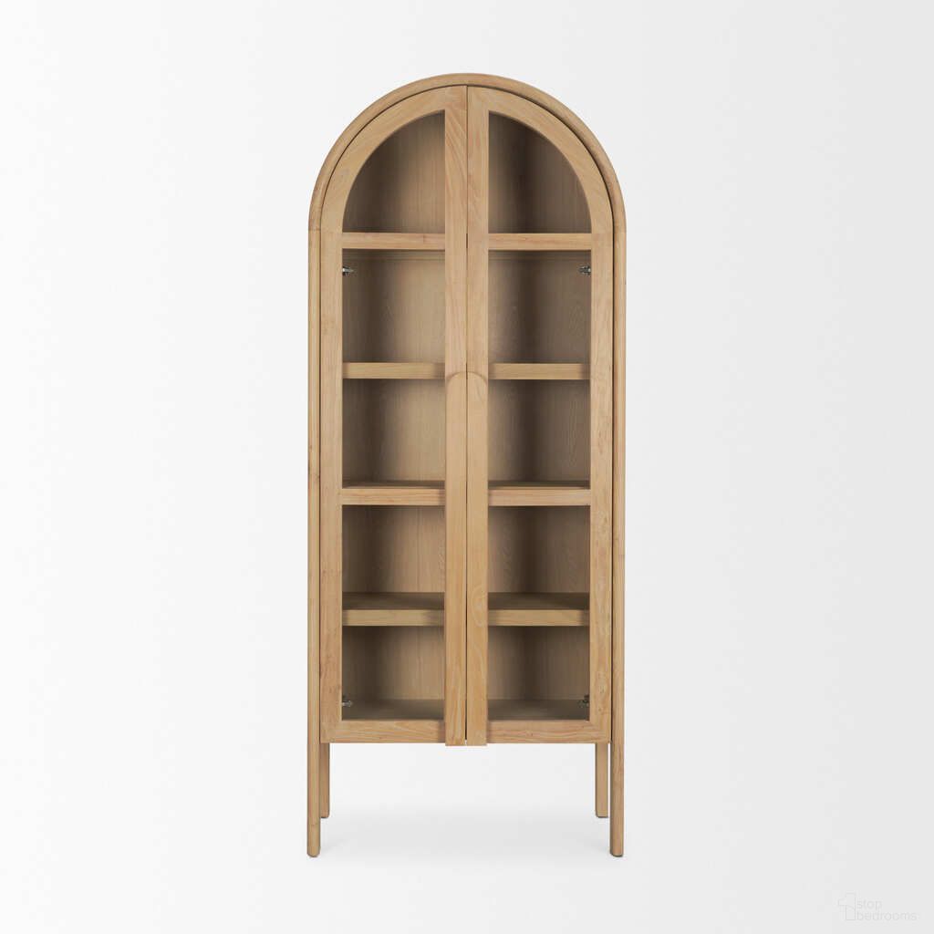 The appearance of Callum Elm Wood with Glass Doors Arched Curio Cabinet In Brown designed by Mercana in the transitional interior design. This brown piece of furniture was selected by 1StopBedrooms from Callum Collection to add a touch of cosiness and style into your home. Sku: 70860. Material: Wood.
