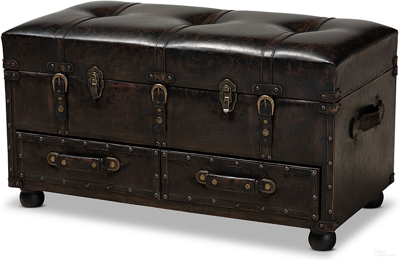 The appearance of Callum Modern Transitional Distressed Dark Brown Faux Leather Upholstered 2-Drawer Storage Trunk Ottoman designed by Baxton Studio in the transitional interior design. This dark brown piece of furniture was selected by 1StopBedrooms from Callum Collection to add a touch of cosiness and style into your home. Sku: JY19A418-Brown-Otto. Material: Faux Leather.