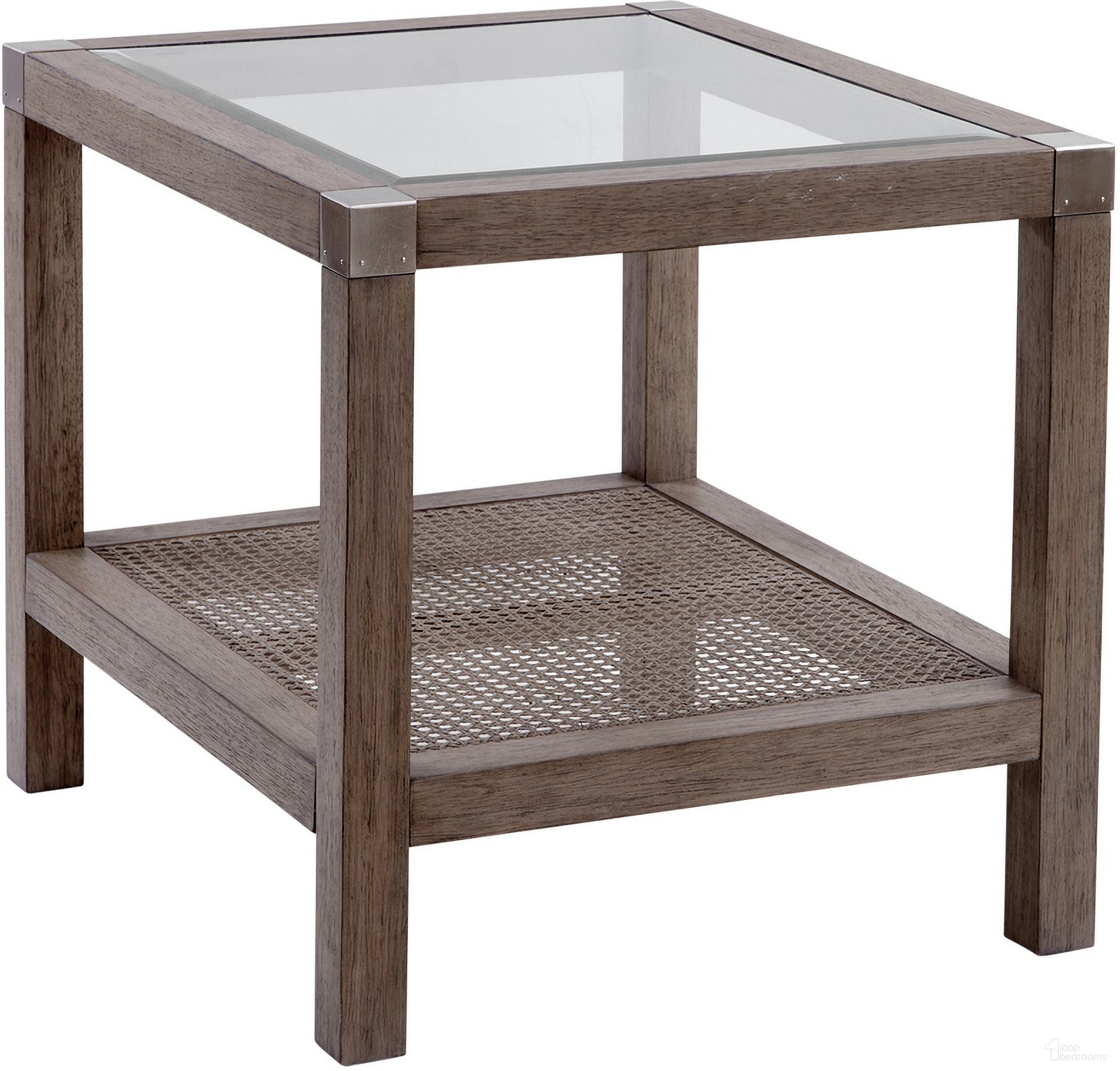 The appearance of Calum Square End Table In Driftwood Grey and Cane Brushed Nickel designed by Bassett Mirror Company in the rustic / southwestern interior design. This grey driftwood piece of furniture  was selected by 1StopBedrooms from Calum Collection to add a touch of cosiness and style into your home. Sku: 9675-LR-200. Material: Rubberwood.