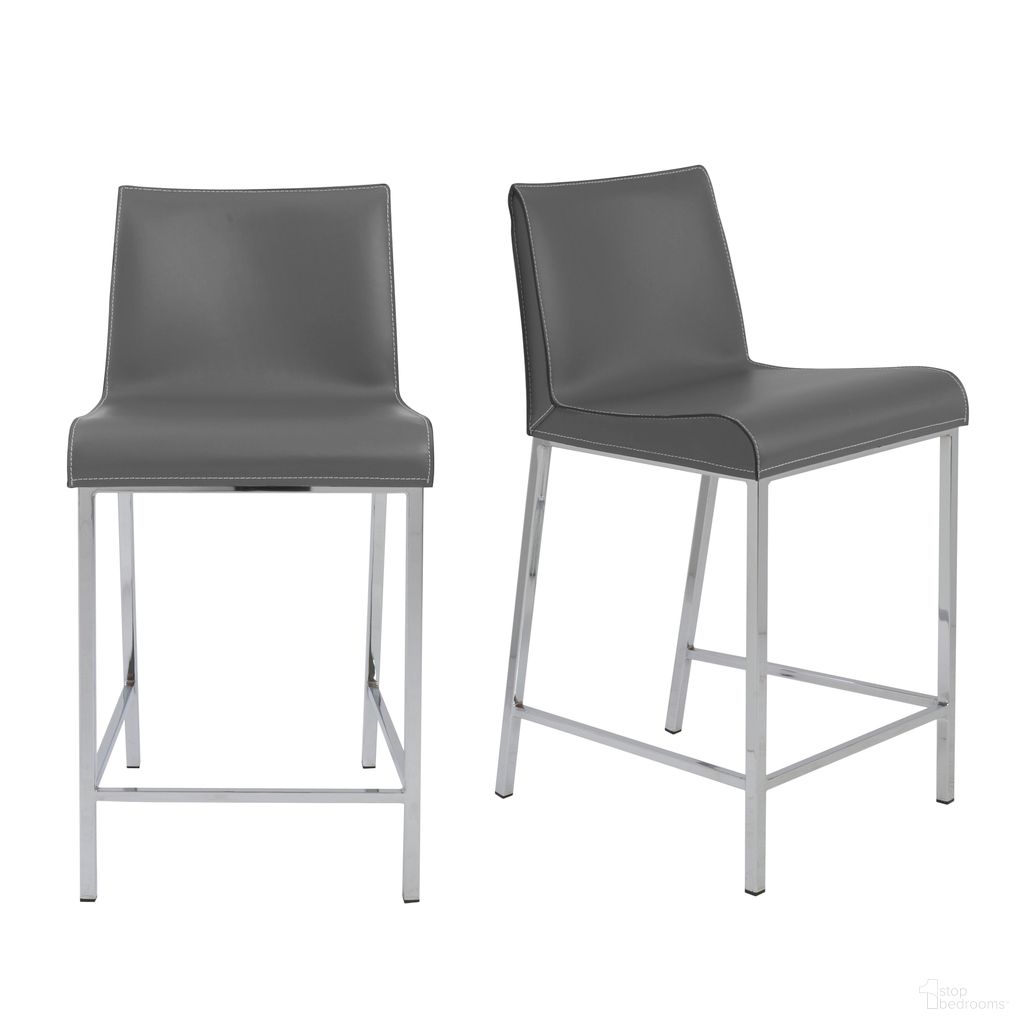 The appearance of Cam Counter Stool Set of 2 In Gray designed by Euro Style in the modern / contemporary interior design. This gray piece of furniture was selected by 1StopBedrooms from Cam Collection to add a touch of cosiness and style into your home. Sku: 15202GRY. Material: Leather.