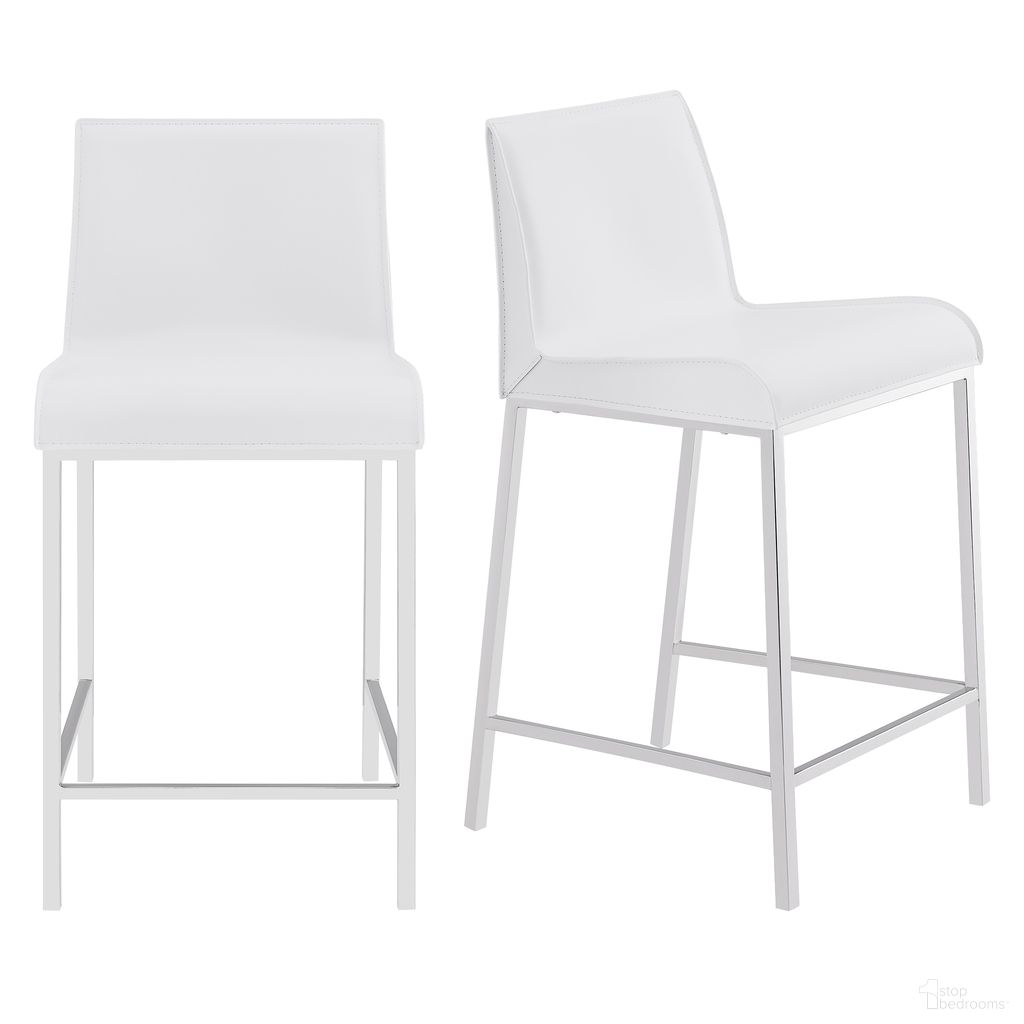 The appearance of Cam Counter Stool Set of 2 In White designed by Euro Style in the modern / contemporary interior design. This white piece of furniture was selected by 1StopBedrooms from Cam Collection to add a touch of cosiness and style into your home. Sku: 15202WHT. Material: Leather.