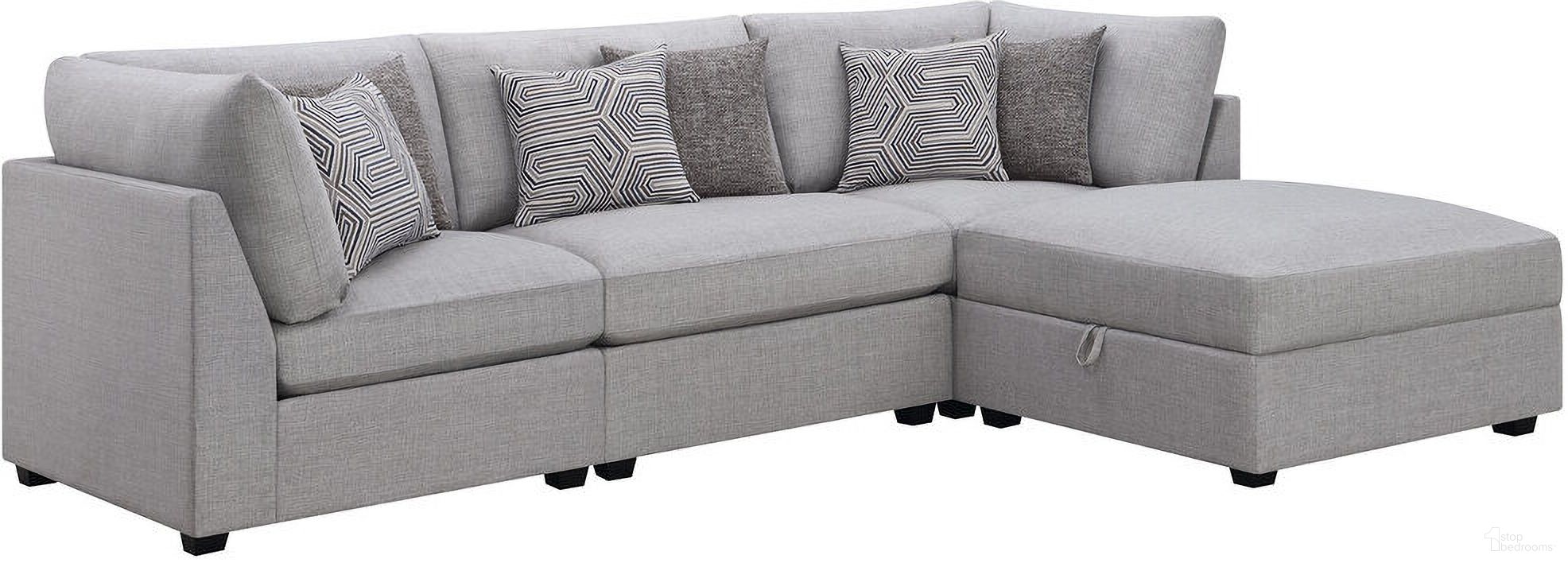 The appearance of Cambria 4-piece Modern Upholstered Modular Sectional Grey designed by Coaster in the modern / contemporary interior design. This grey piece of furniture was selected by 1StopBedrooms from Cambria Collection to add a touch of cosiness and style into your home. Sku: 551511;551512;551512;551513. Material: Upholstered. Layout: Modular.