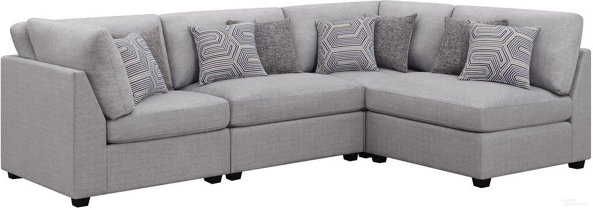 The appearance of Cambria 4-piece Upholstered Modular Sectional Grey designed by Coaster in the modern / contemporary interior design. This grey piece of furniture was selected by 1StopBedrooms from Cambria Collection to add a touch of cosiness and style into your home. Sku: 551511;551511;551512;551512. Material: Upholstered. Layout: Modular.