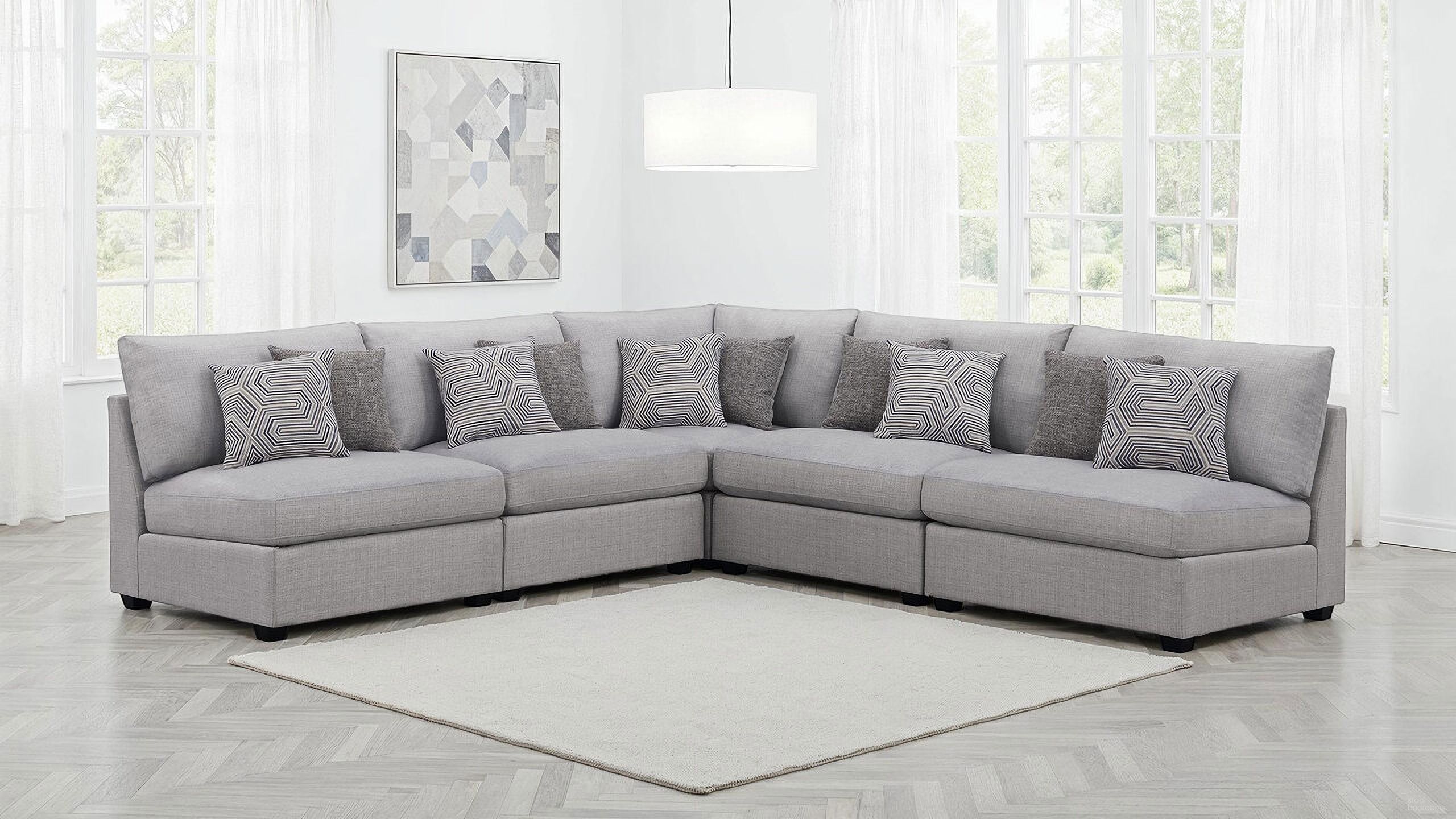 The appearance of Cambria 5-Piece Upholstered Modular Sectional Sofa In Grey designed by Coaster in the modern / contemporary interior design. This grey piece of furniture  was selected by 1StopBedrooms from Cambria Collection to add a touch of cosiness and style into your home. Sku: 551511;551511;551511;551511;551512. Material: Plywood.
