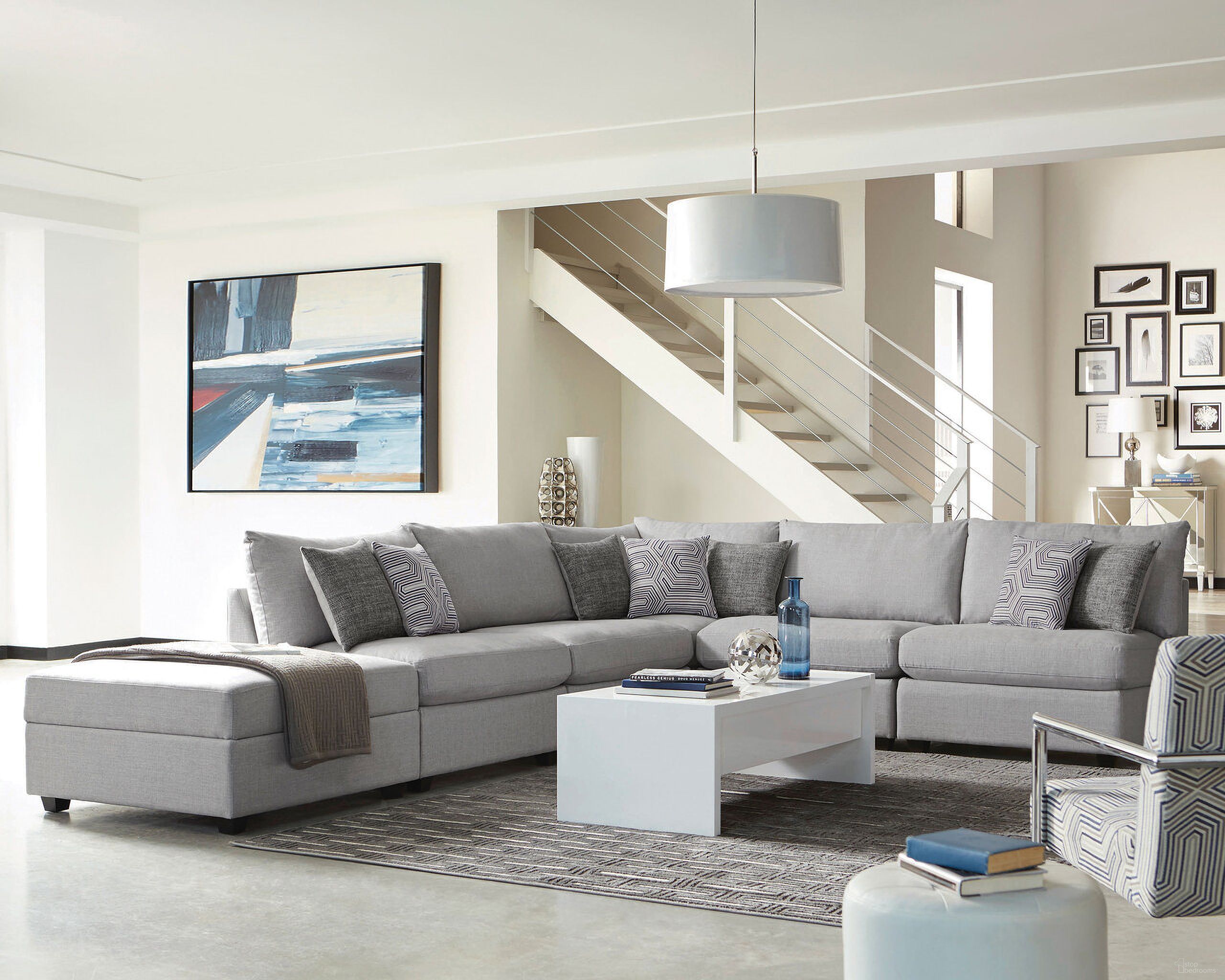 The appearance of Cambria 6-piece Upholstered Modular Sectional Grey designed by Coaster in the modern / contemporary interior design. This grey piece of furniture  was selected by 1StopBedrooms from Cambria Collection to add a touch of cosiness and style into your home. Sku: 551511;551511;551512;551512;551512;551513. Material: Upholstered. Layout: Modular.