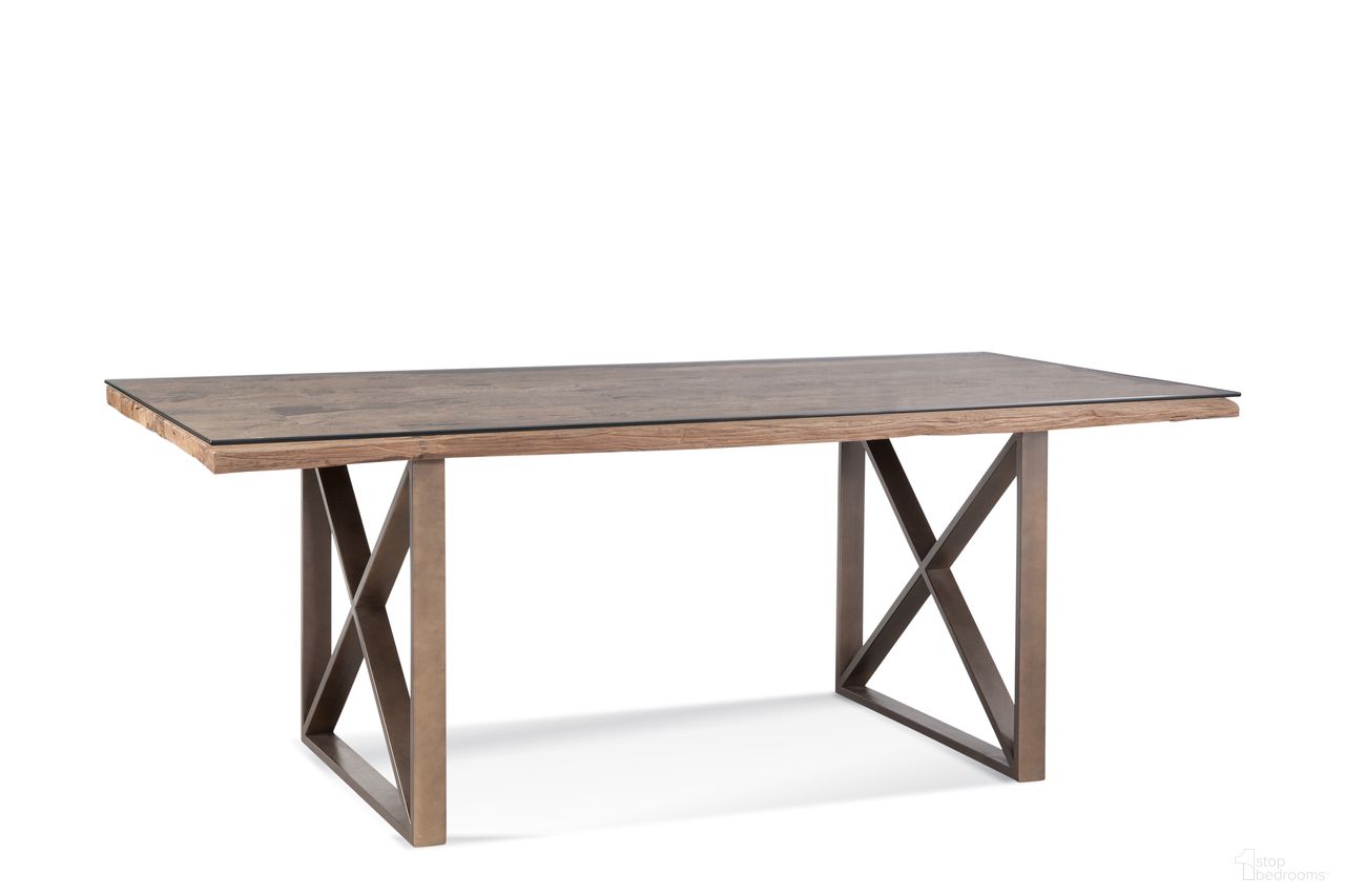 The appearance of Cambria Dining Table In Brown and Bronze designed by Bassett Mirror Company in the rustic / southwestern interior design. This brown/bronze piece of furniture  was selected by 1StopBedrooms from Cambria Collection to add a touch of cosiness and style into your home. Sku: 7048-DR-600B;7048-DR-600T. Table Base Style: Double Pedestal. Material: Steel. Table Top Shape: Rectangular. Size: 39" x 79".