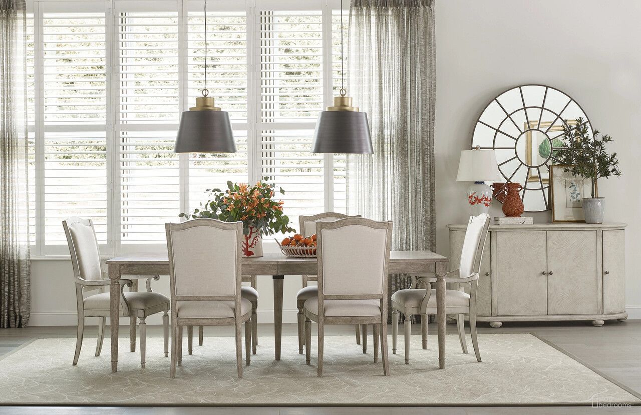 The appearance of Cambric Rectangular Dining Room Set In Creme designed by American Drew in the transitional interior design. This creme piece of furniture  was selected by 1StopBedrooms from Cambric Collection to add a touch of cosiness and style into your home. Sku: 309-744B;309-622B. Material: Wood. Table Top Shape: Rectangular. Size: 43" x 92".