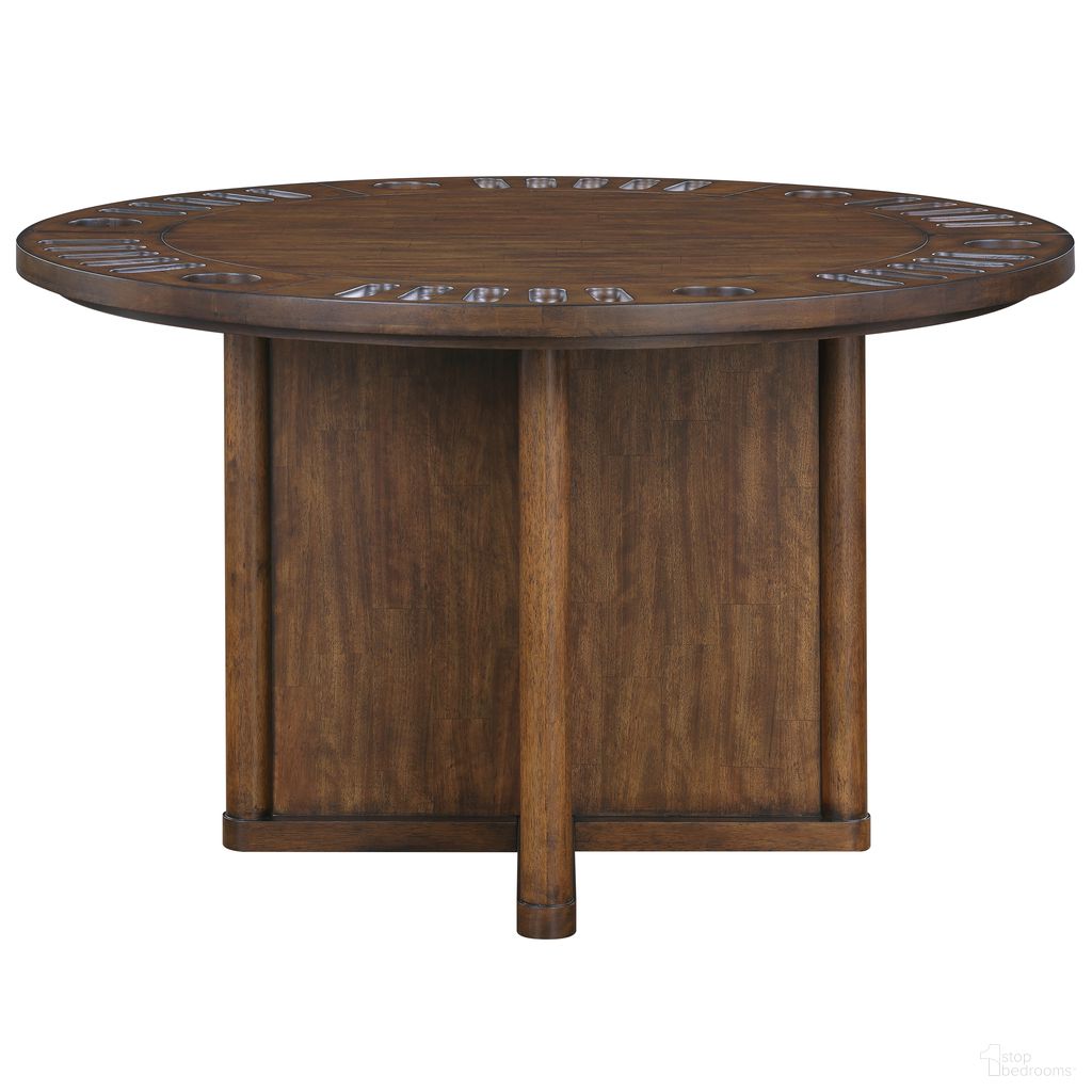 The appearance of Cambridge Dining Table In Brown designed by Steve Silver in the transitional interior design. This brown piece of furniture  was selected by 1StopBedrooms from Cambridge Collection to add a touch of cosiness and style into your home. Sku: CBR500GTT;CBR500TT;CBR500TB. Table Base Style: Pedestal. Table Top Shape: Round. Material: Rubberwood. Size: 47".