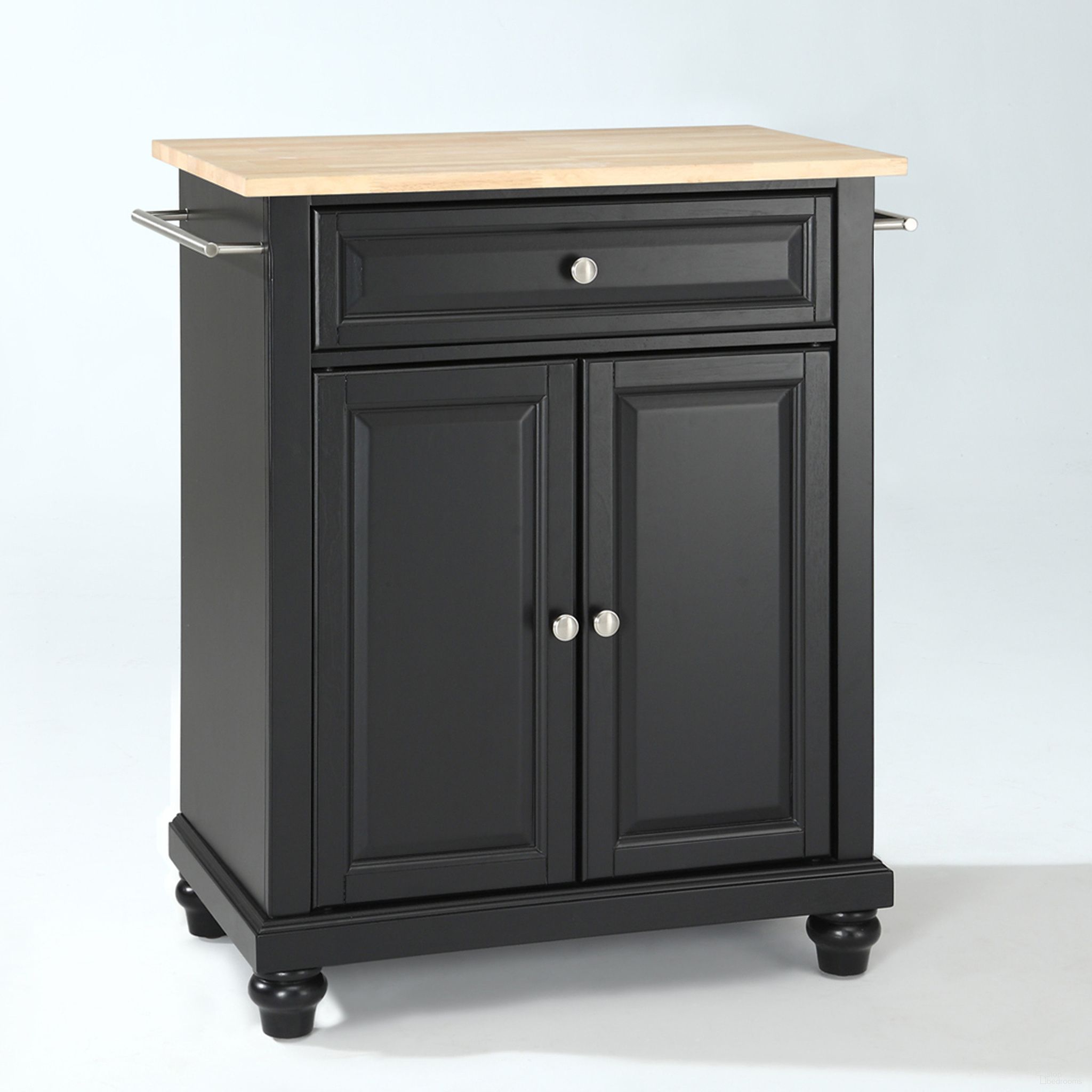 The appearance of Cambridge Wood Top Portable Kitchen Island/Cart In Black and Natural designed by Crosley Brands in the traditional interior design. This black and natural piece of furniture  was selected by 1StopBedrooms from Cambridge Collection to add a touch of cosiness and style into your home. Sku: CF3002-BK;CF0403-NA;CF0104-BK. Material: Solid Hardwood.