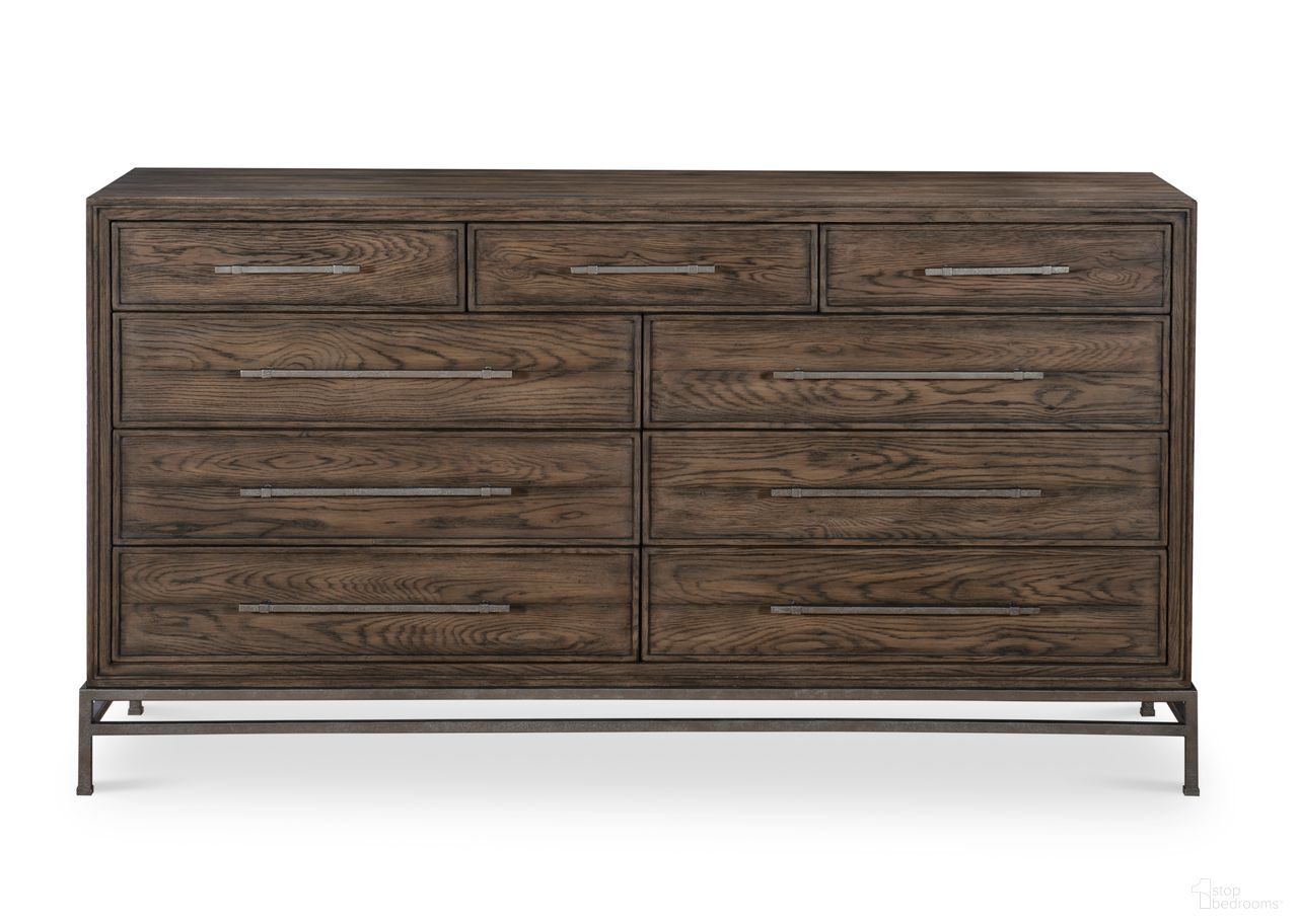 The appearance of Camden Benton Dresser In Rustic Brown designed by Century Furniture in the transitional interior design. This rustic brown piece of furniture  was selected by 1StopBedrooms from Camden Collection to add a touch of cosiness and style into your home. Sku: B2H-204. Material: Oak Veneer.