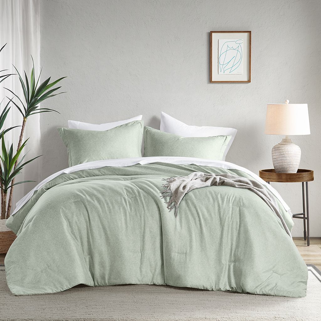 The appearance of Camden Chambray Print Solid Comforter Set In Sage Green designed by Olliix in the modern / contemporary interior design. This sage green piece of furniture was selected by 1StopBedrooms from Camden Collection to add a touch of cosiness and style into your home. Sku: AM10-0061. Material: Polyester. Bed Size: Twin.