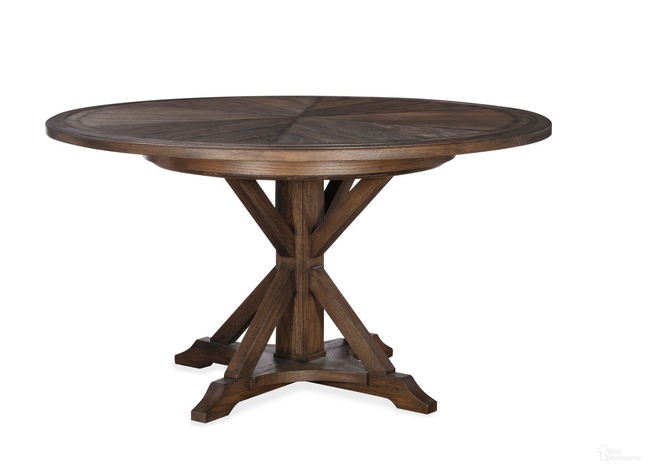 The appearance of Camden Collin 64 Inch Round Dining Table In Rustic Brown designed by Century Furniture in the rustic / southwestern interior design. This rustic brown piece of furniture was selected by 1StopBedrooms from Camden Collection to add a touch of cosiness and style into your home. Sku: B2H-306. Table Base Style: Pedestal. Table Top Shape: Round. Size: 64". Material: Oak Veneer.