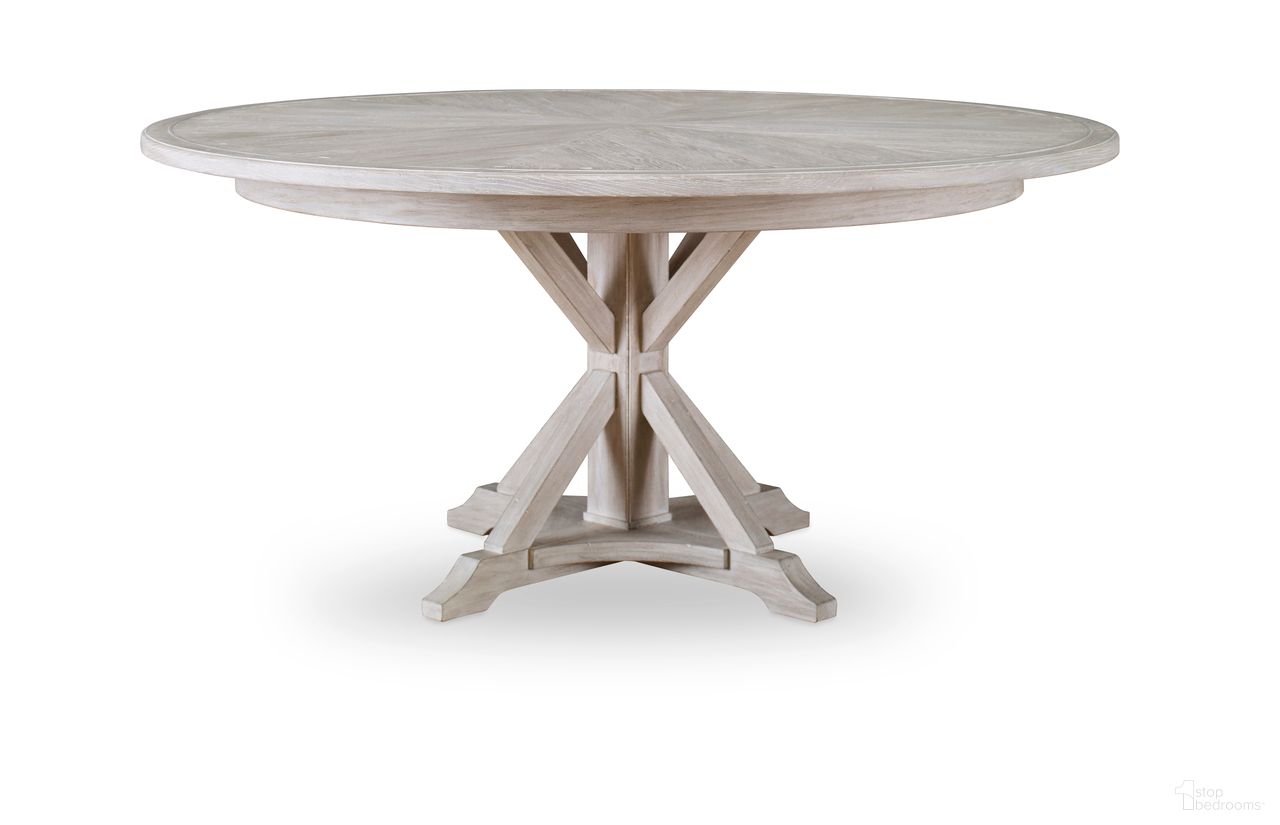 The appearance of Camden Collin 64 Inch Round Dining Table In Rustic White designed by Century Furniture in the transitional interior design. This rustic white piece of furniture was selected by 1StopBedrooms from Camden Collection to add a touch of cosiness and style into your home. Sku: B2W-306. Table Base Style: Pedestal. Table Top Shape: Round. Size: 64". Material: Oak Veneer.