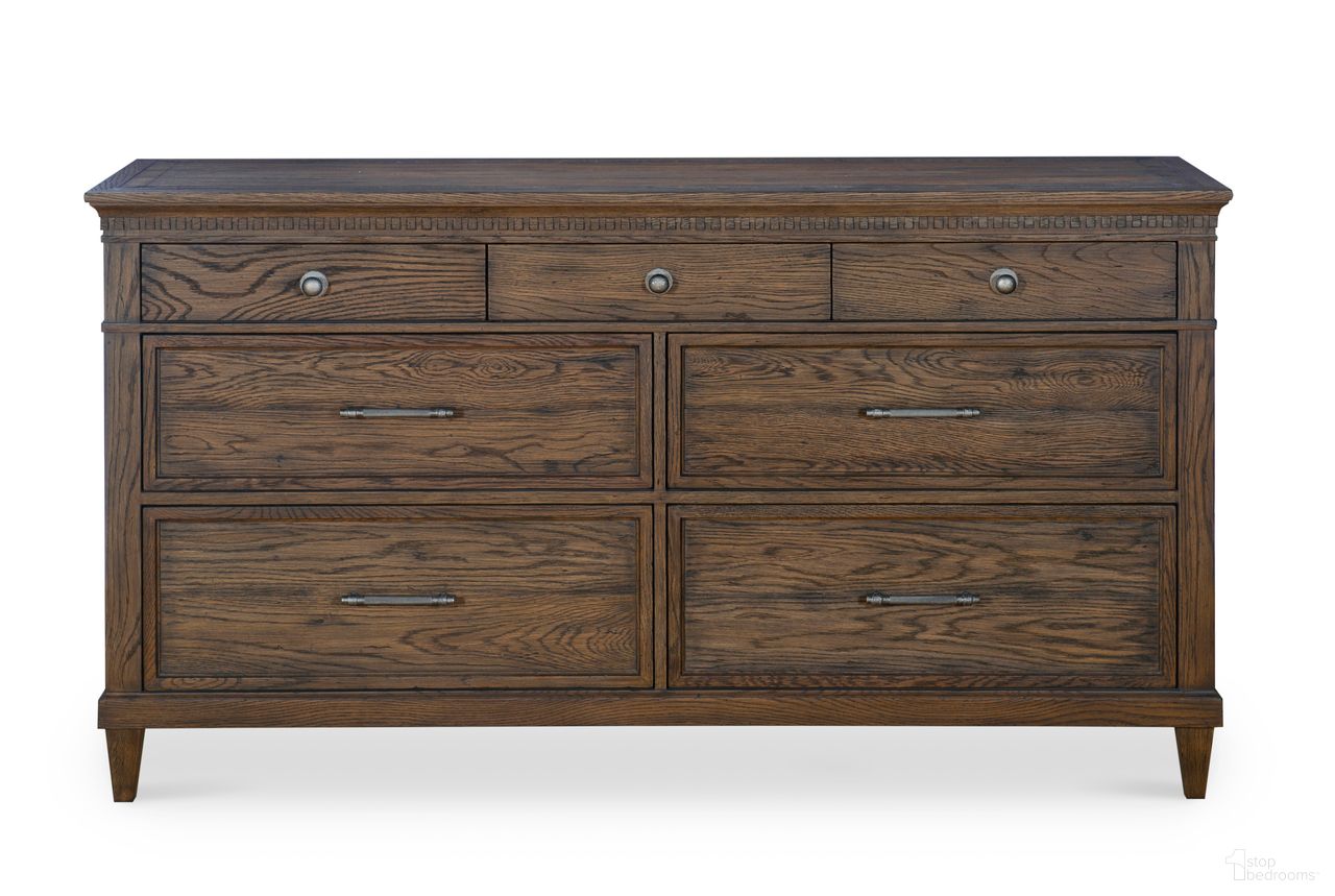The appearance of Camden Montgomery Dresser In Rustic Brown designed by Century Furniture in the rustic / southwestern interior design. This rustic brown piece of furniture was selected by 1StopBedrooms from Camden Collection to add a touch of cosiness and style into your home. Sku: B2H-205. Material: Oak Veneer.