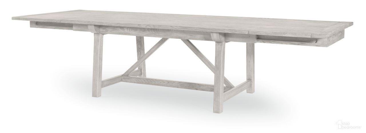 The appearance of Camden Walton Dining Table In Gray designed by Century Furniture in the transitional interior design. This gray piece of furniture was selected by 1StopBedrooms from Camden Collection to add a touch of cosiness and style into your home. Sku: B2W-301. Table Base Style: Trestle. Table Top Shape: Rectangular. Size: 44" x 86". Material: Oak Veneer.