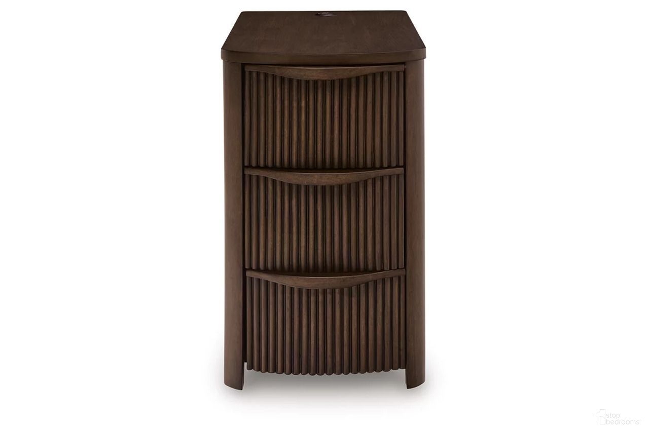 The appearance of Camdill Chairside End Table In Dark Brown designed by Signature Design by Ashley in the transitional interior design. This dark brown piece of furniture was selected by 1StopBedrooms from Camdill Collection to add a touch of cosiness and style into your home. Sku: T208-217. Material: Wood.