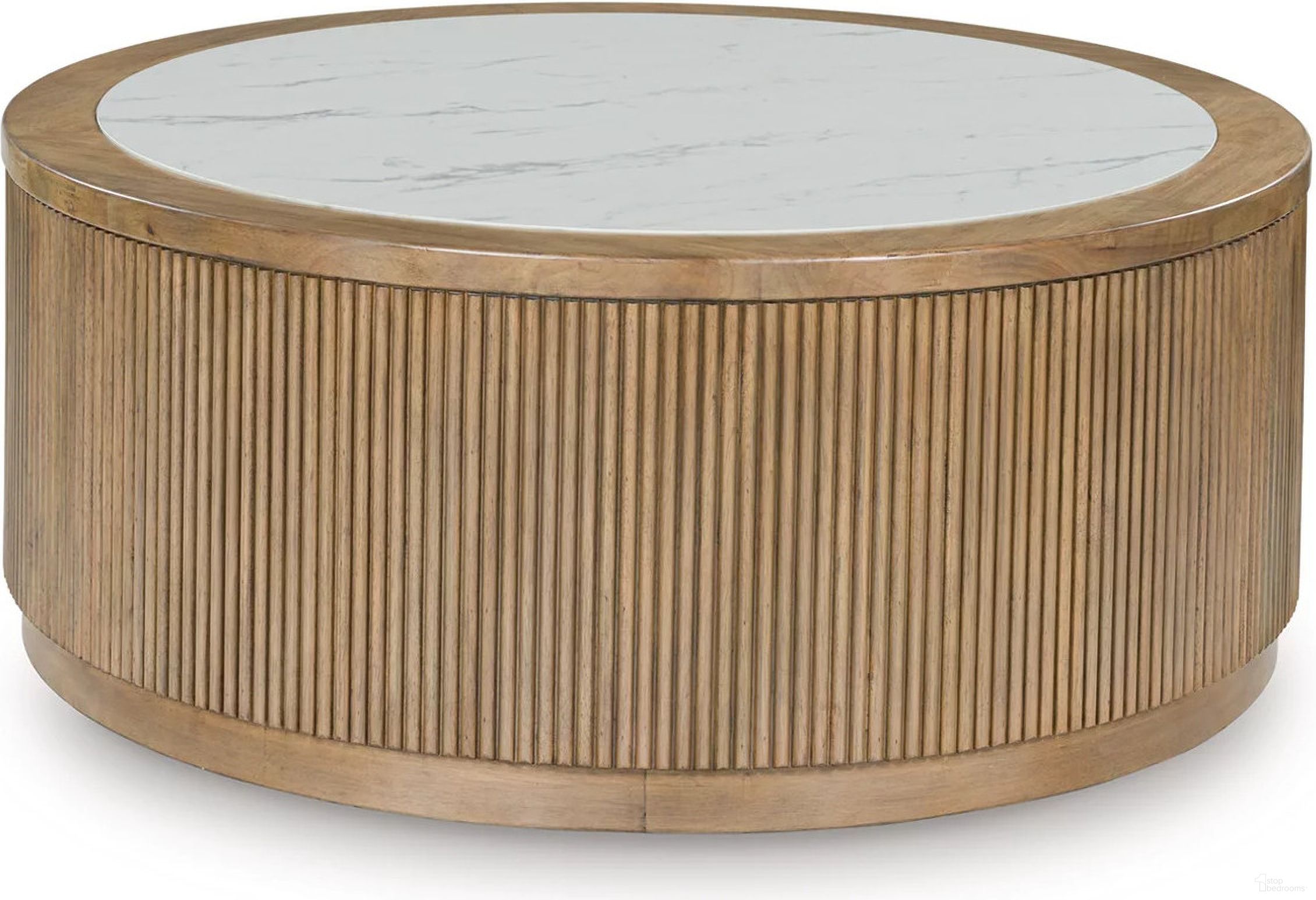 The appearance of Camdill Coffee Table In Light Brown and White designed by Signature Design by Ashley in the transitional interior design. This light brown/white piece of furniture  was selected by 1StopBedrooms from Camdill Collection to add a touch of cosiness and style into your home. Sku: T808-8. Material: Marble.