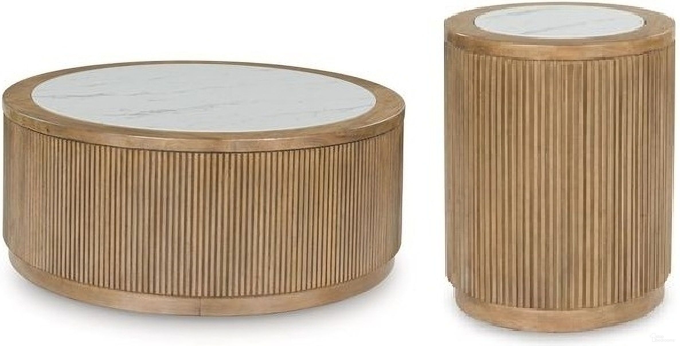 The appearance of Camdill Occasional Table Set In Light Brown and White designed by Signature Design by Ashley in the transitional interior design. This light brown/white piece of furniture  was selected by 1StopBedrooms from Camdill Collection to add a touch of cosiness and style into your home. Sku: T808-8;T808-6. Material: Marble.